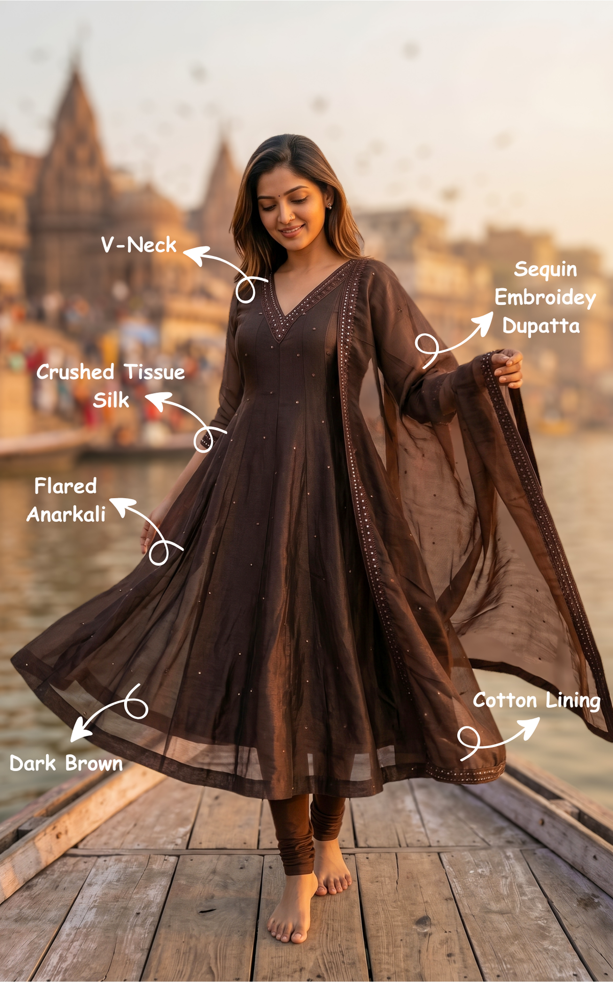 Instore – Dark Brown Mellinam Anarkali Kurti with Dupatta for Women – Crushed Tissue Silk – Sequin Embroidery – Festive Ethnic Wear