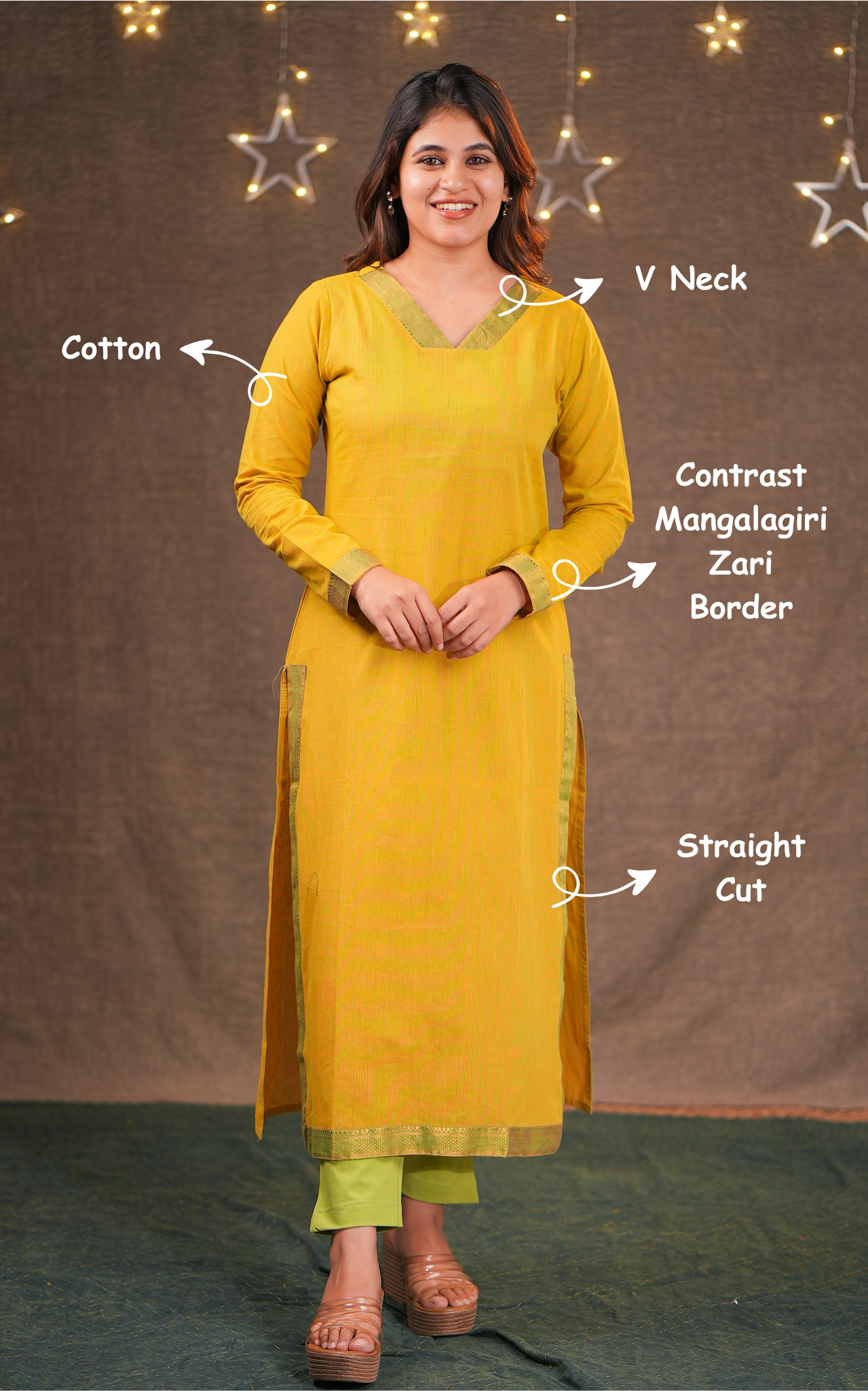 Lemon yellow straight cut kurti for women