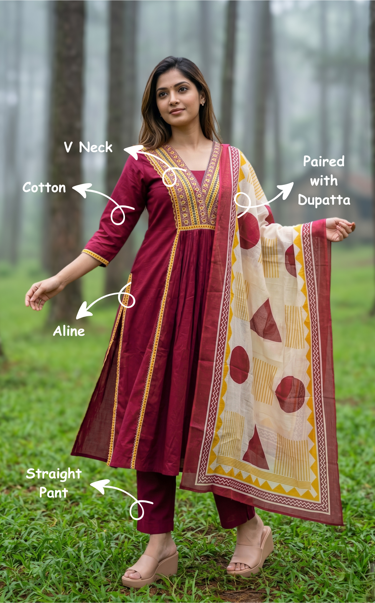 Hananya Wine (Kurti+Pant+Dupatta)