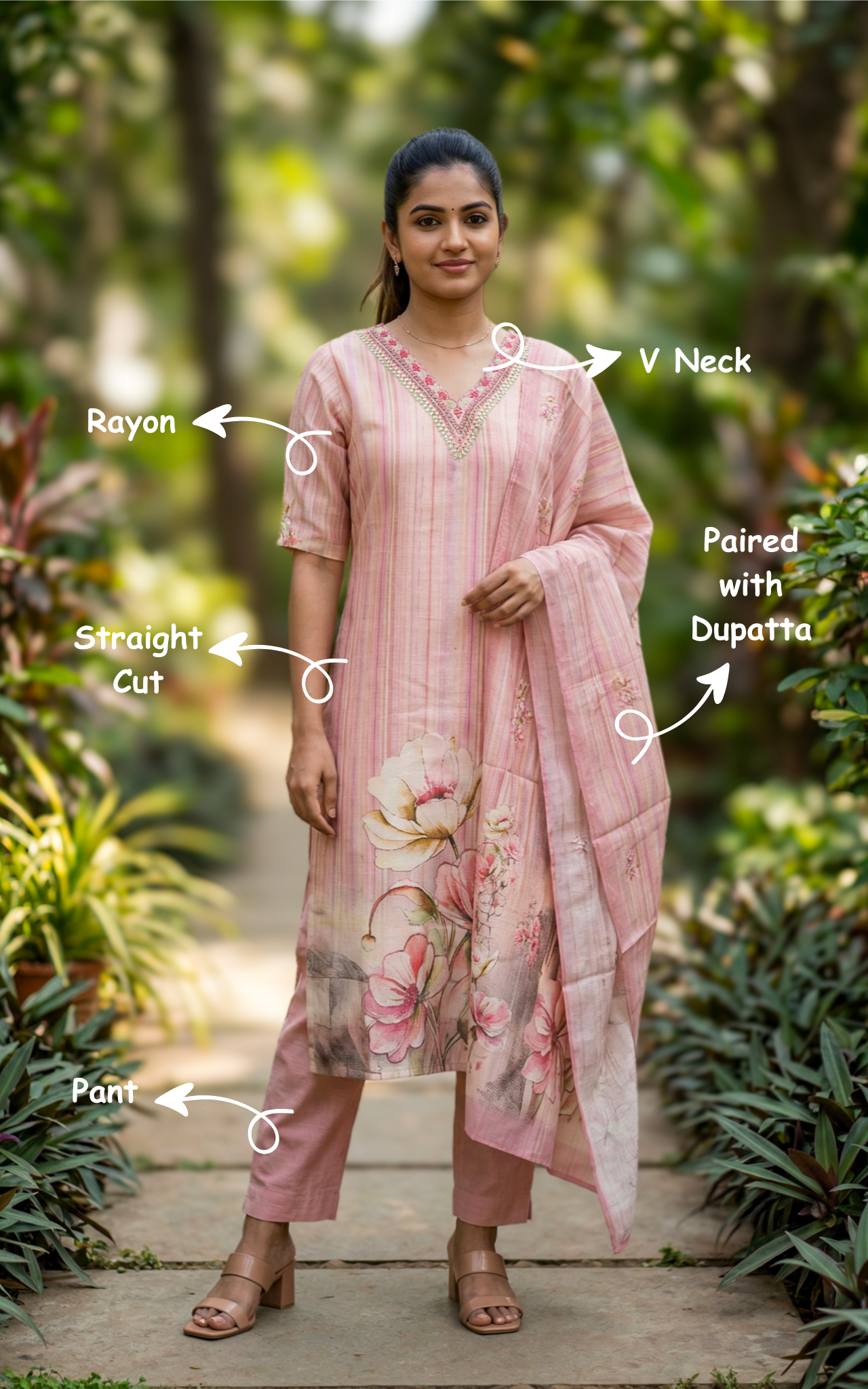 stylish peach kurti pant set for college
trendy v-neck kurti set with mirror embroidery
modern straight cut rayon kurti with pant
fashionable kurti pant set for students