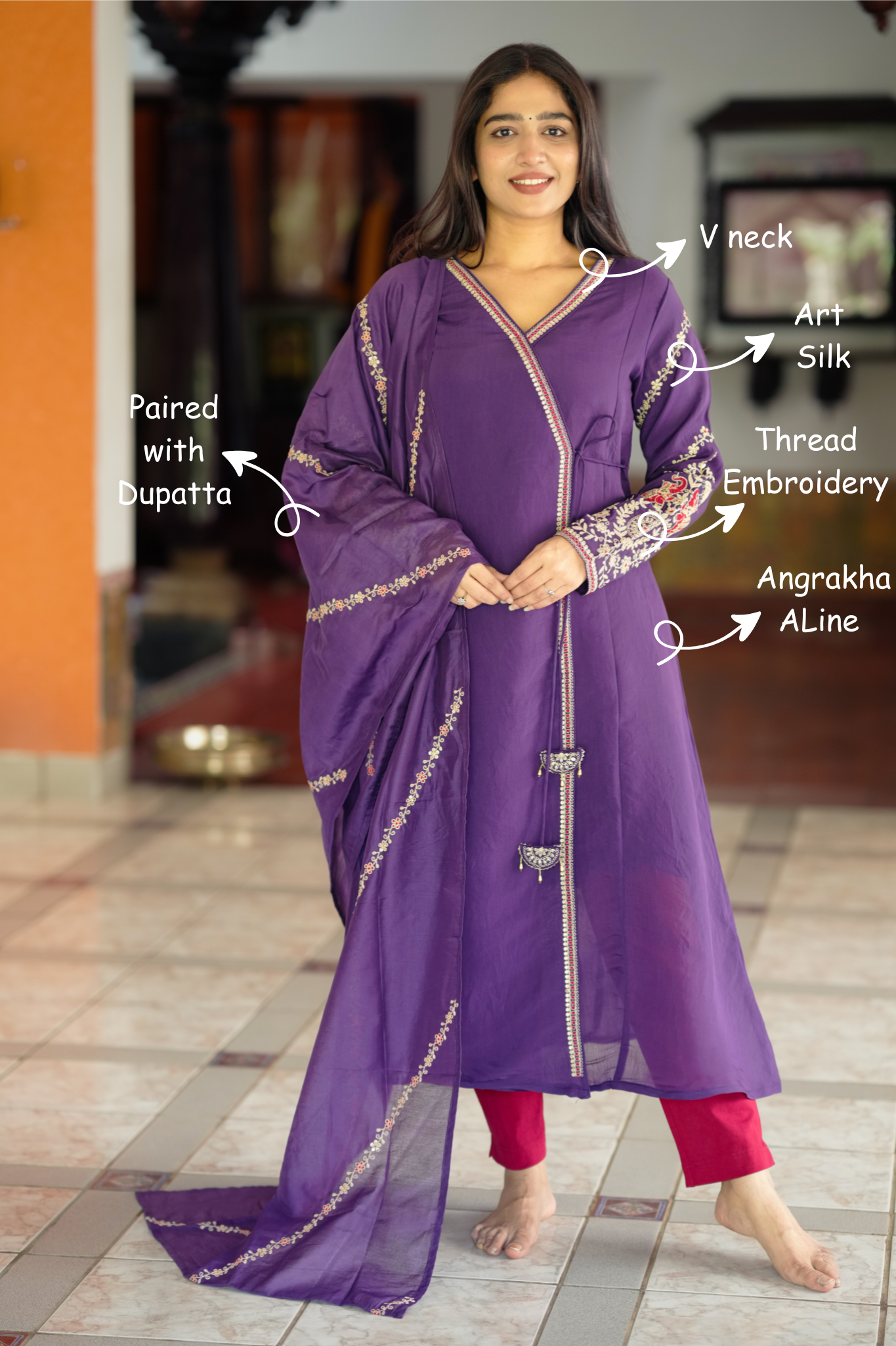 purple festive kurti with dupatta
a line angrakha kurti with pocket
