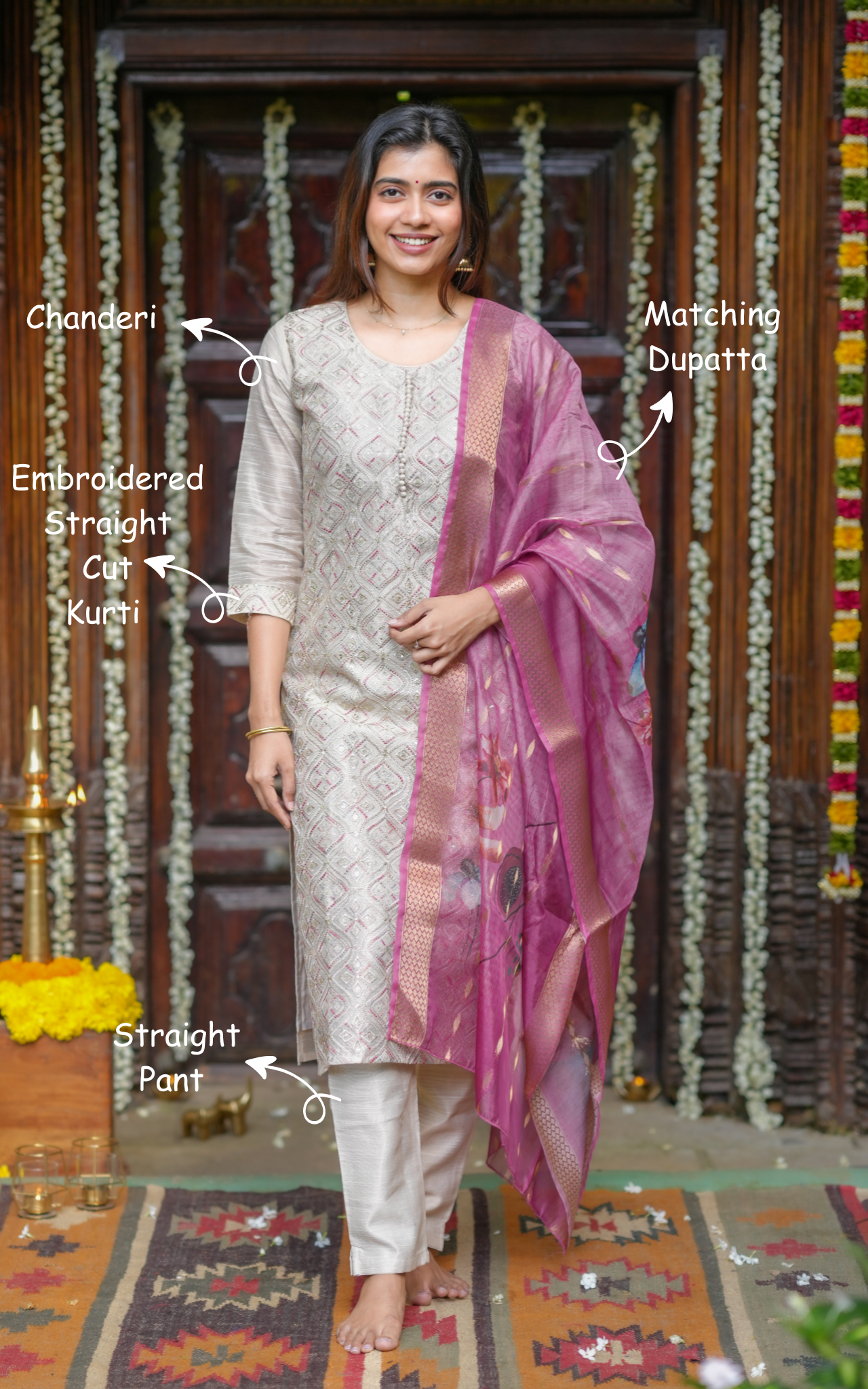 Instore – Beige Vishmitha Kurti Pant Dupatta Set for Women – Chanderi – Festive Ethnic Wear