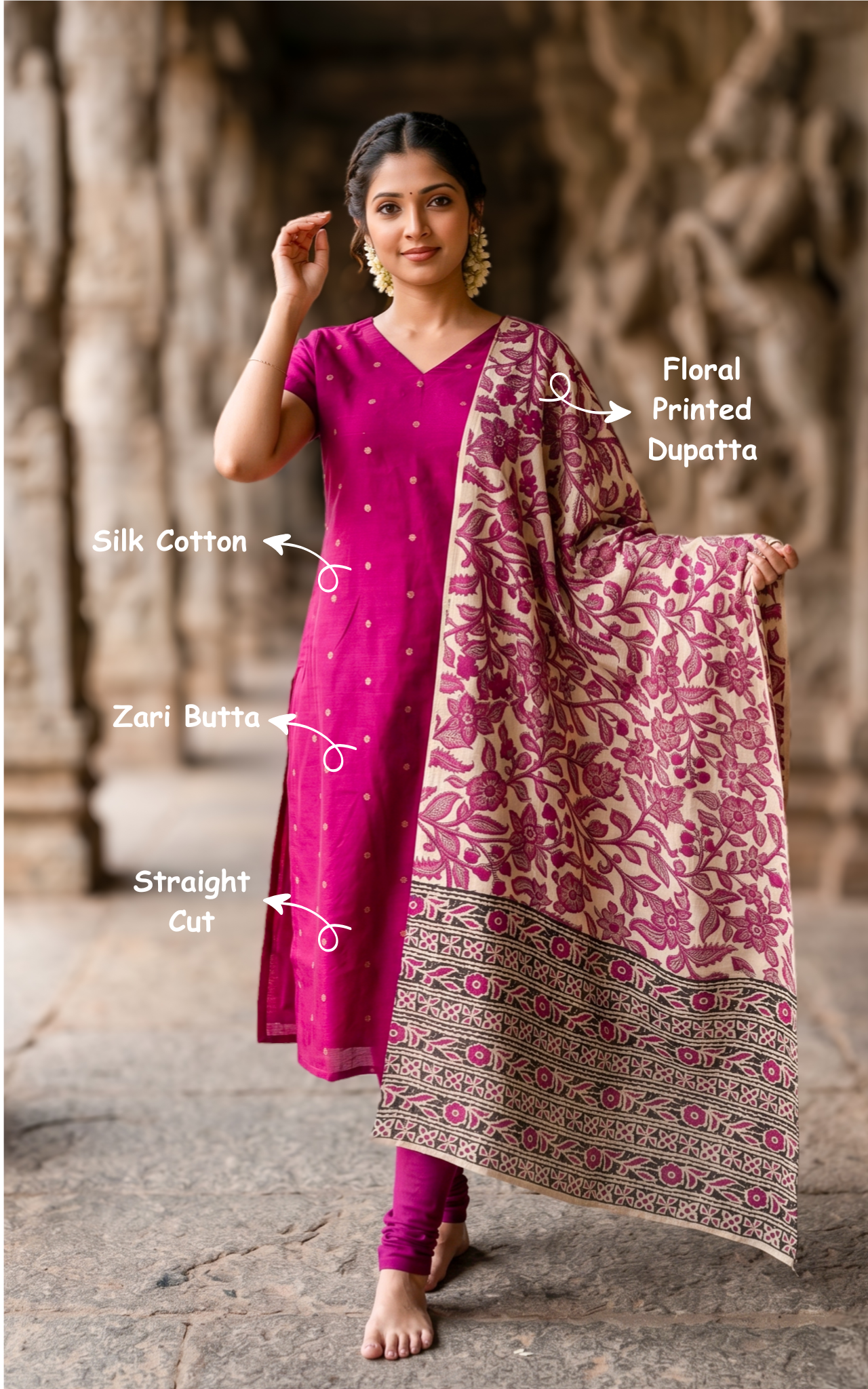 Silk cotton zari butta work kurti for women