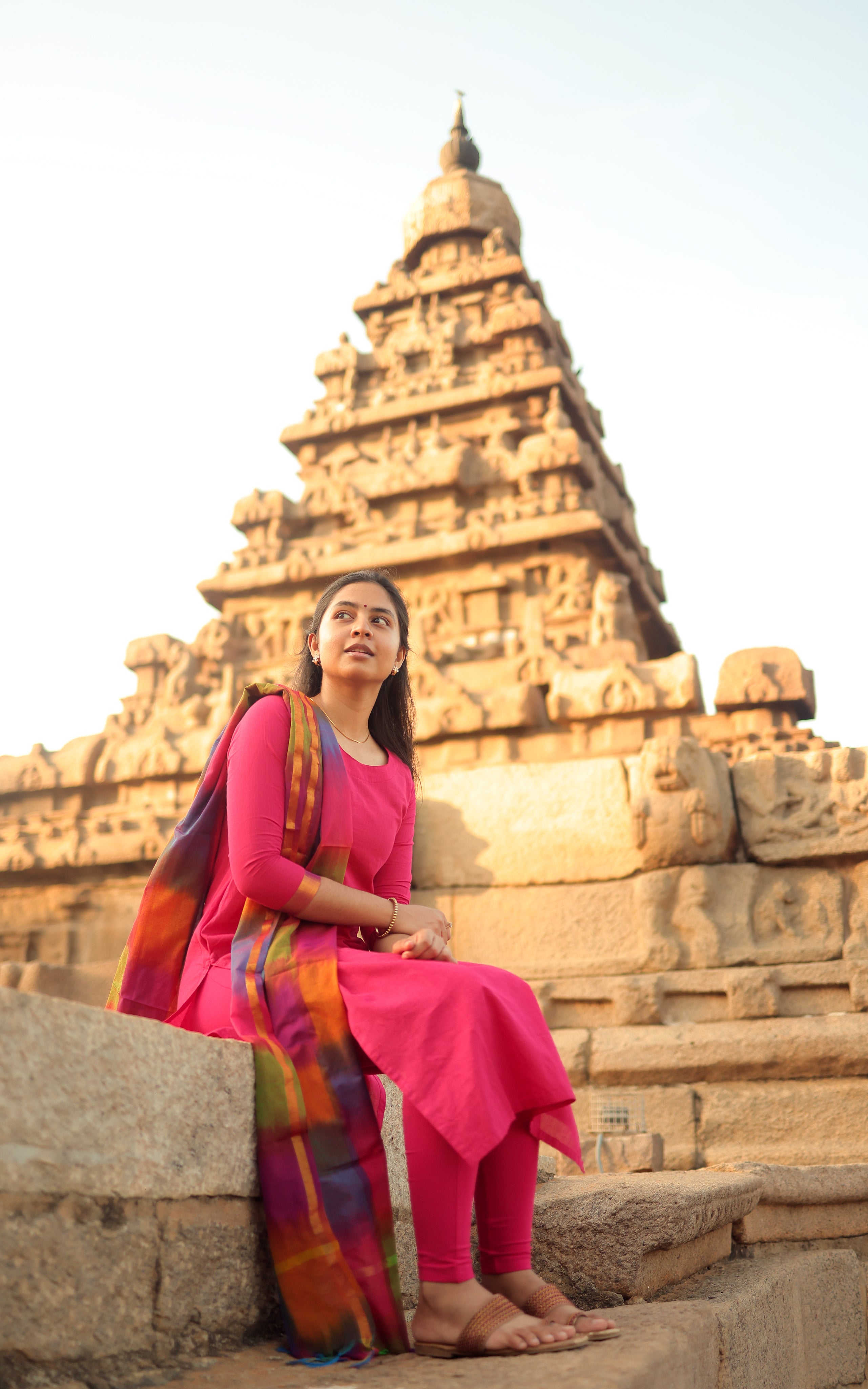 Instore - Dark Pink Silk Cotton Straight Cut Kurti with Side Slit & Multicolor Dupatta