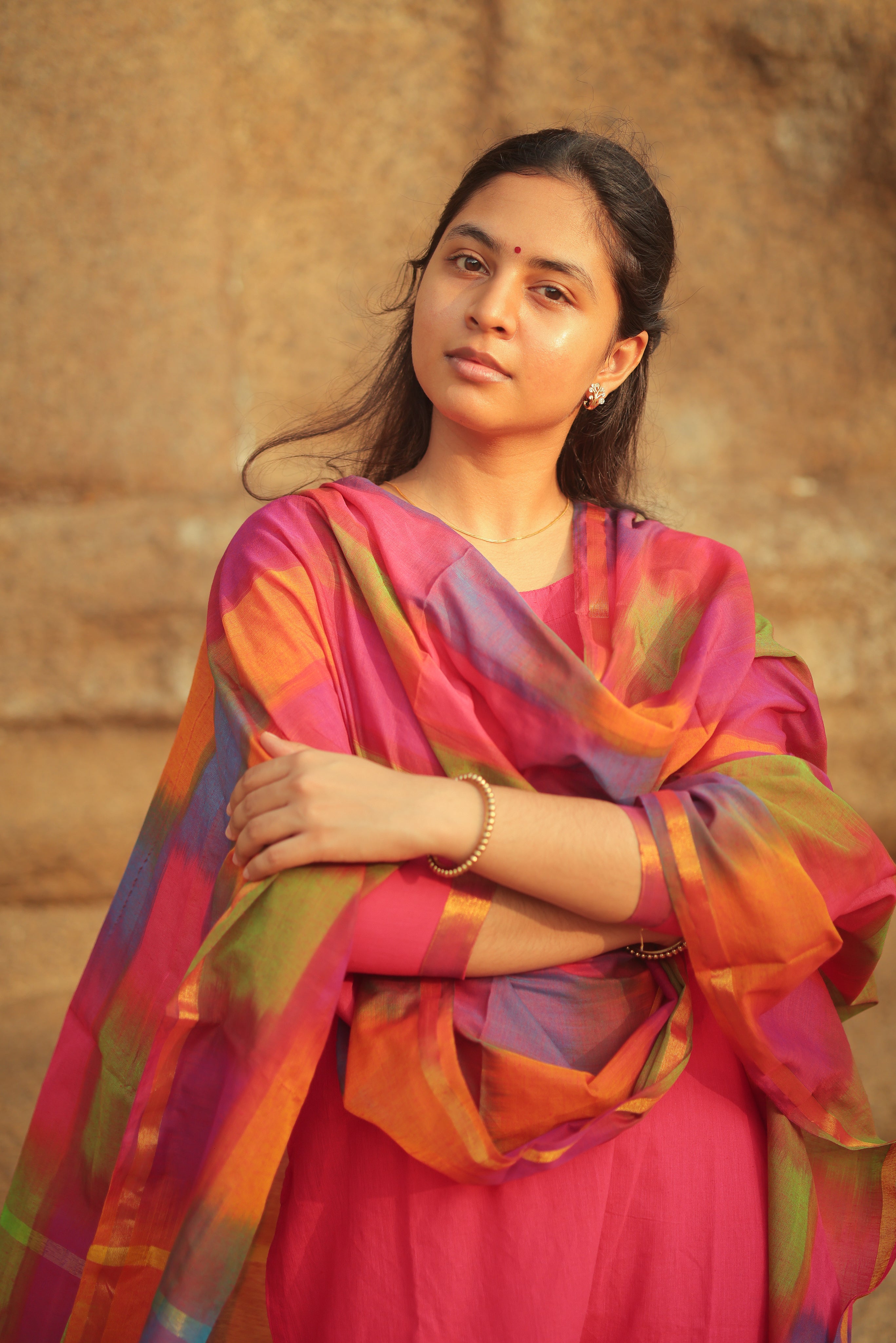 Instore - Dark Pink Silk Cotton Straight Cut Kurti with Side Slit & Multicolor Dupatta