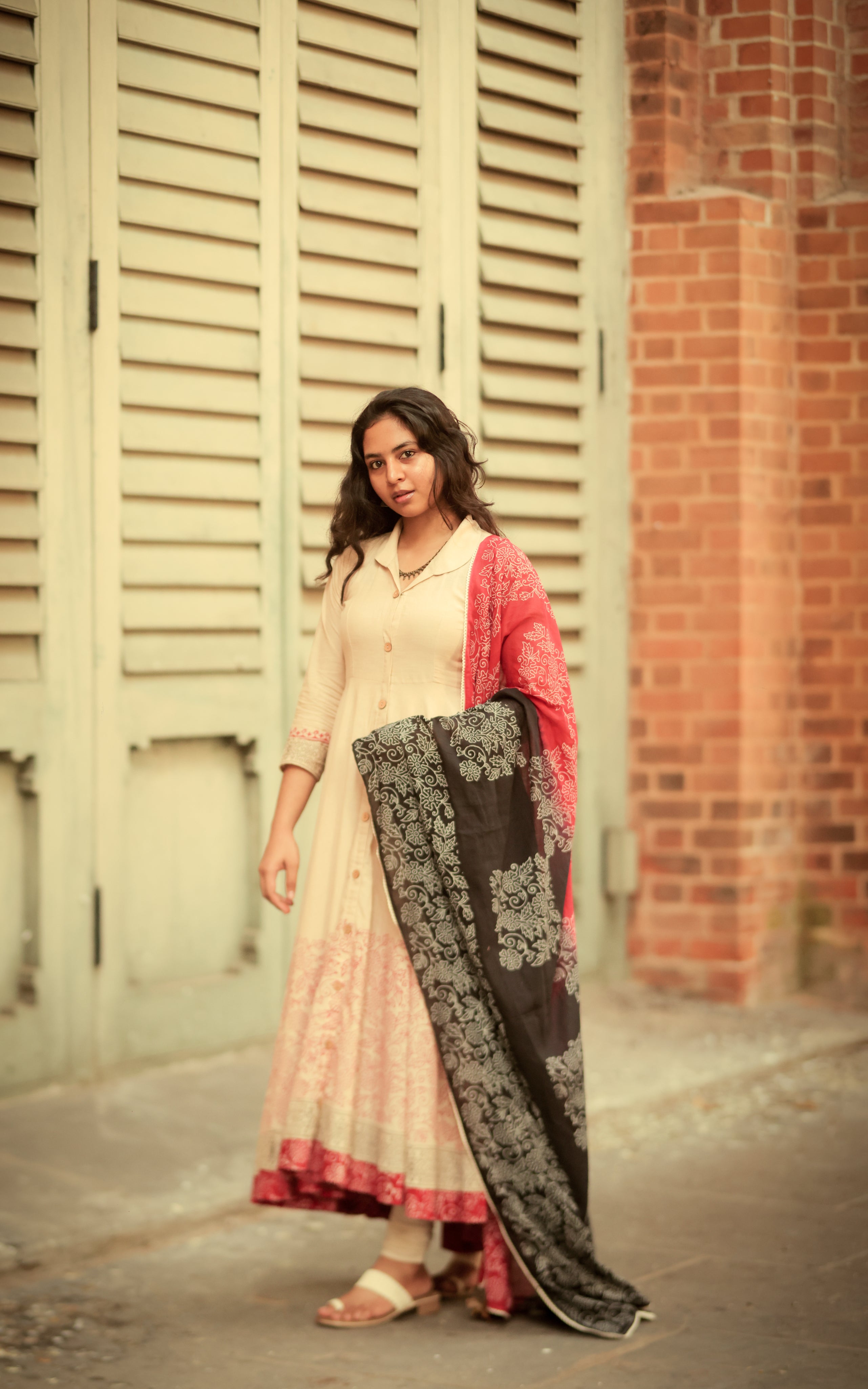 full-flared high-low Anarkali kurti with handblocked print and show buttons in the front