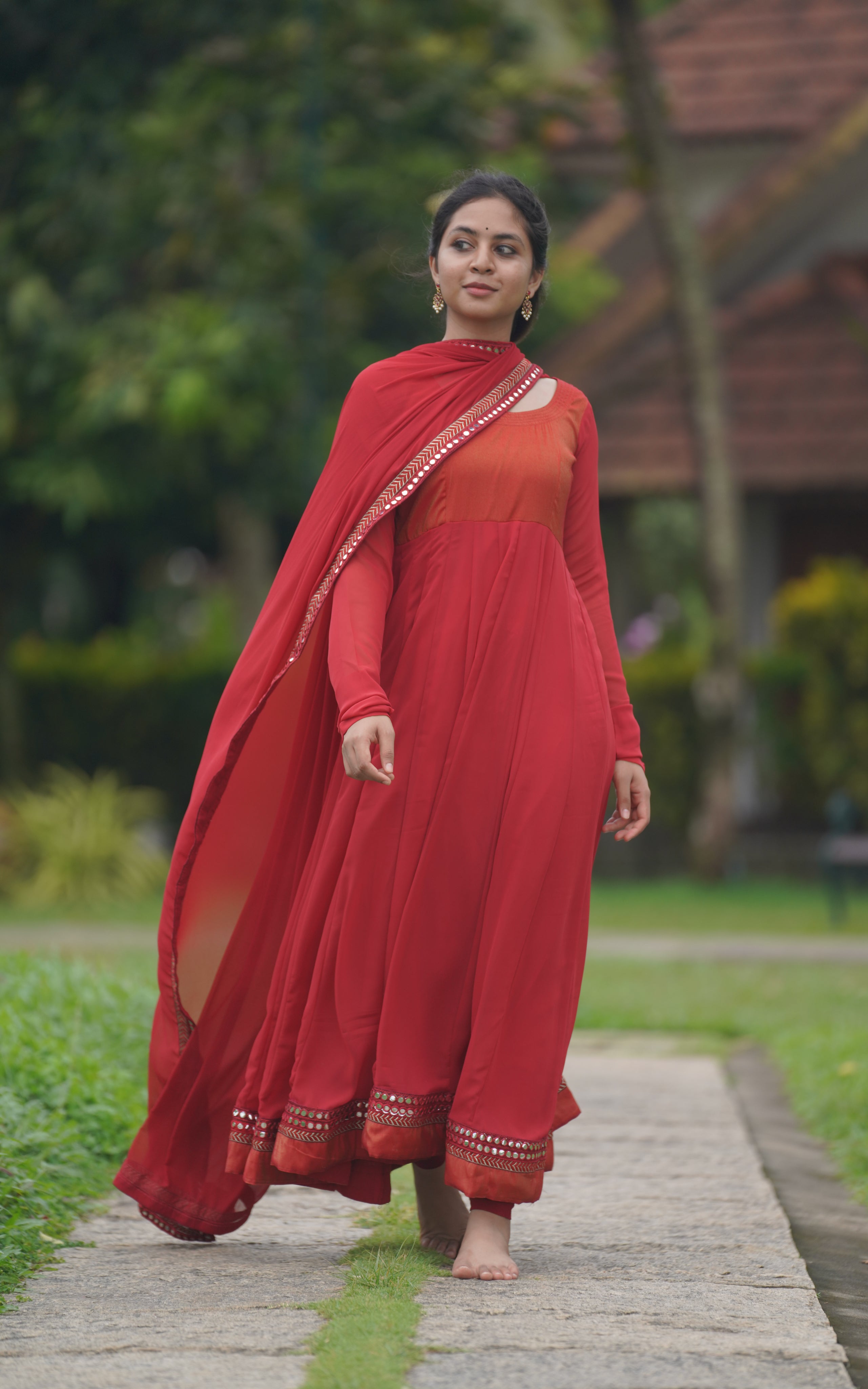 red Anarkali dress with mirror work