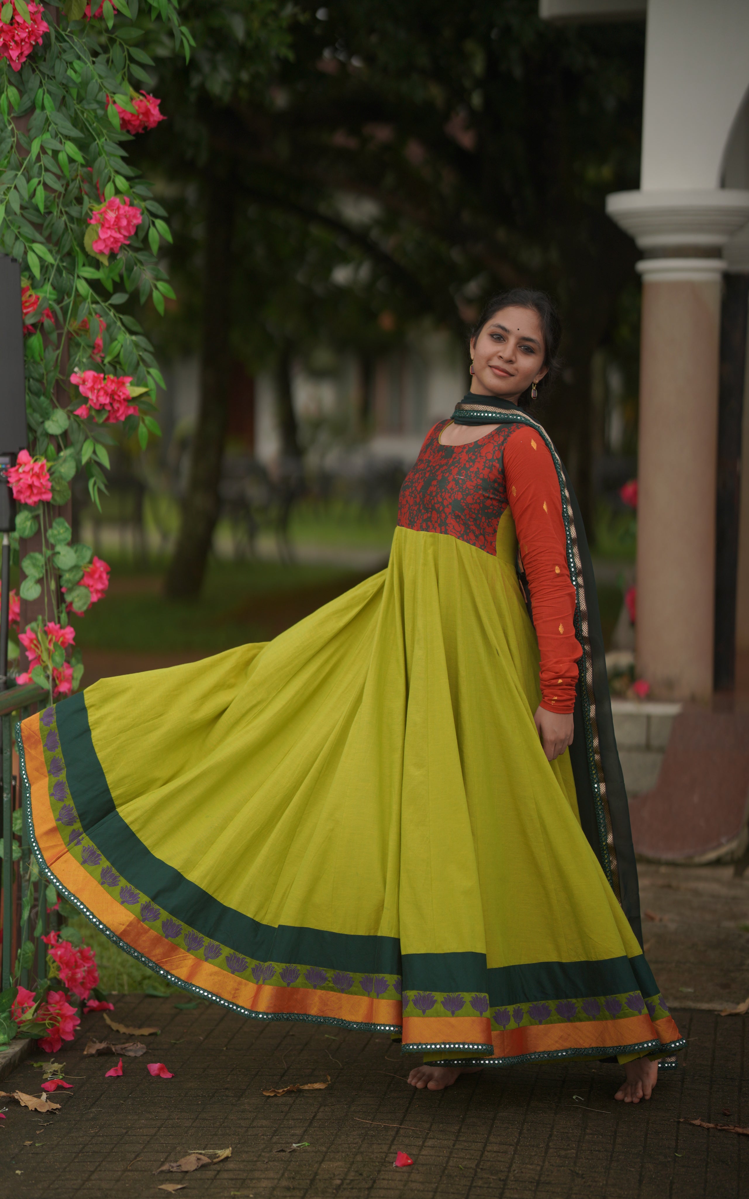 Instore - Green Color South Cotton Full Flared South Cotton Anarkali Kurti, Gathered Sleeves