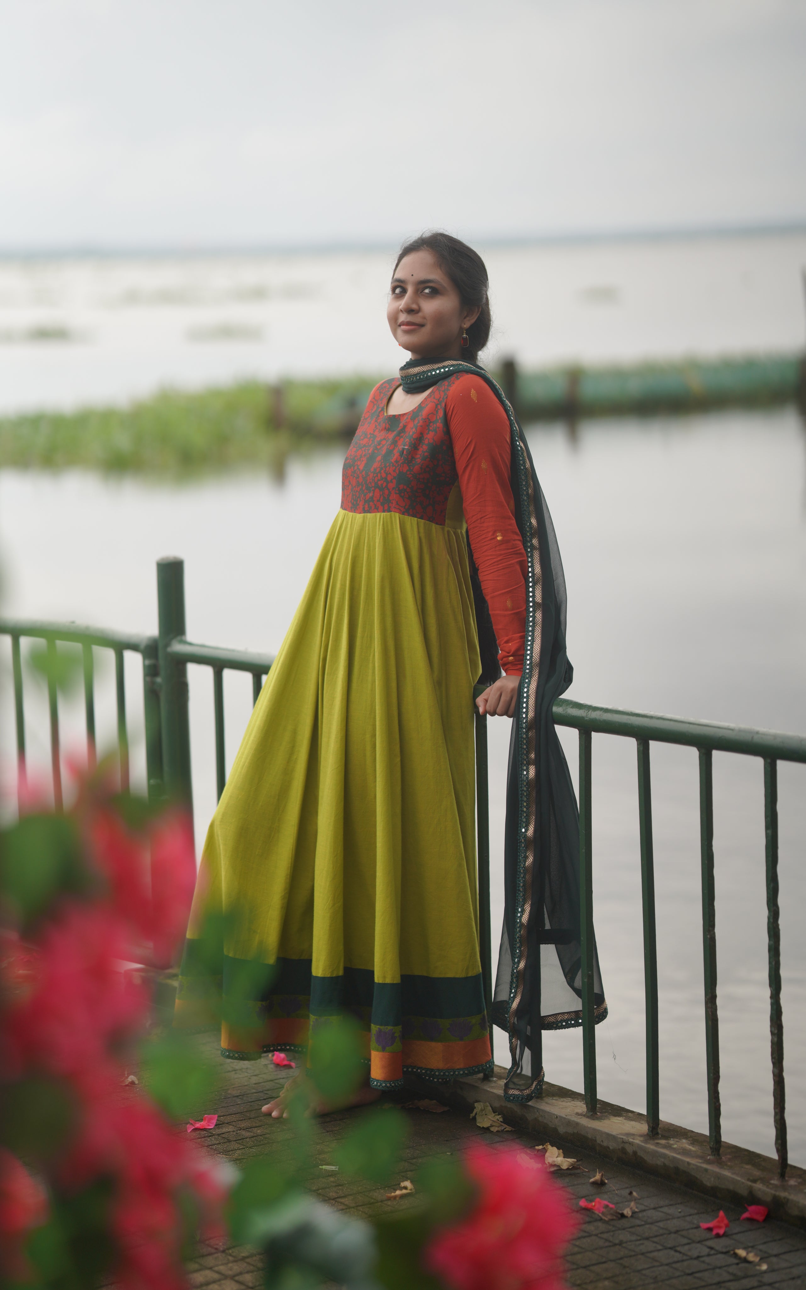 Instore - Green Color South Cotton Full Flared South Cotton Anarkali Kurti, Gathered Sleeves