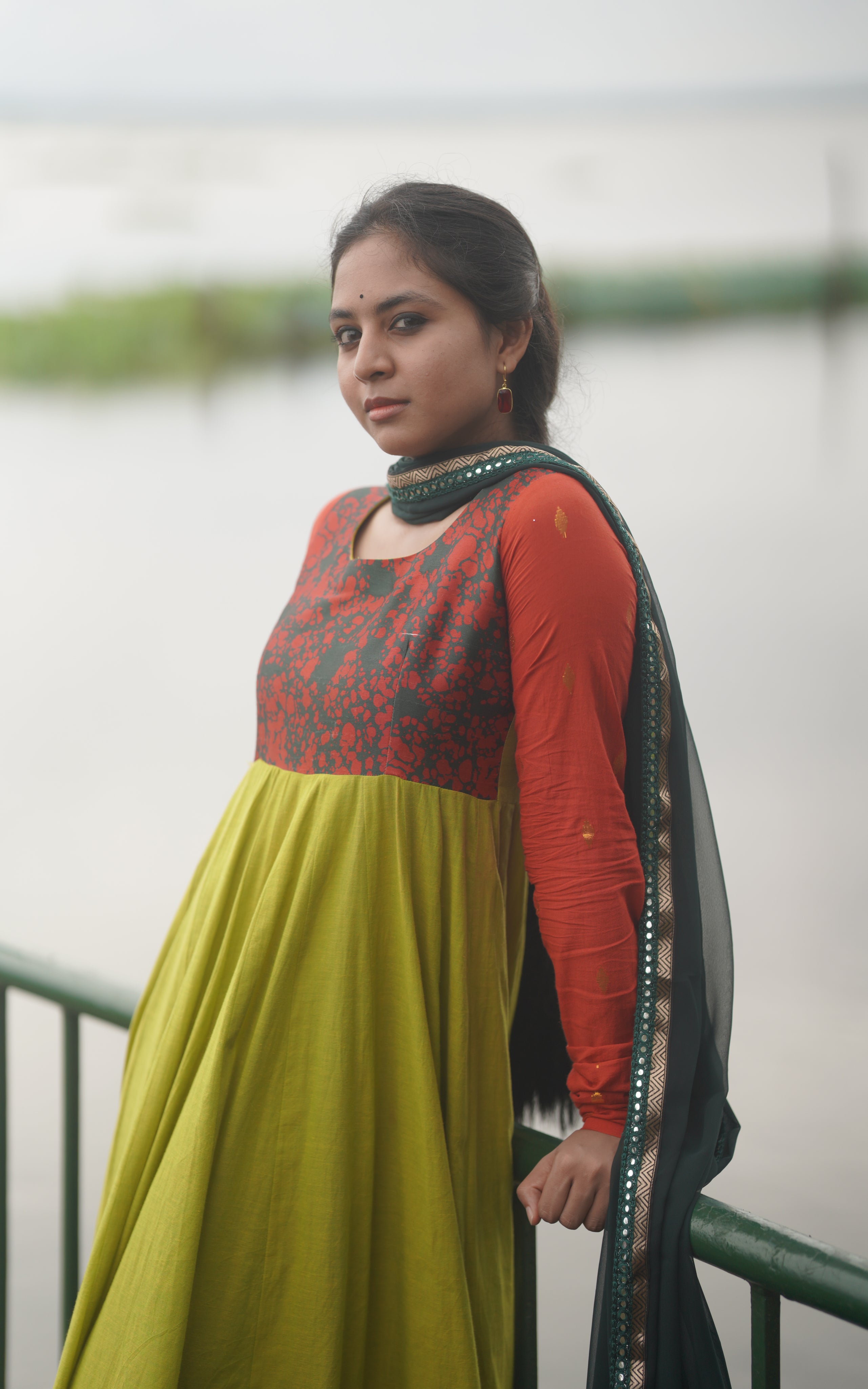 Instore - Green Color South Cotton Full Flared South Cotton Anarkali Kurti, Gathered Sleeves