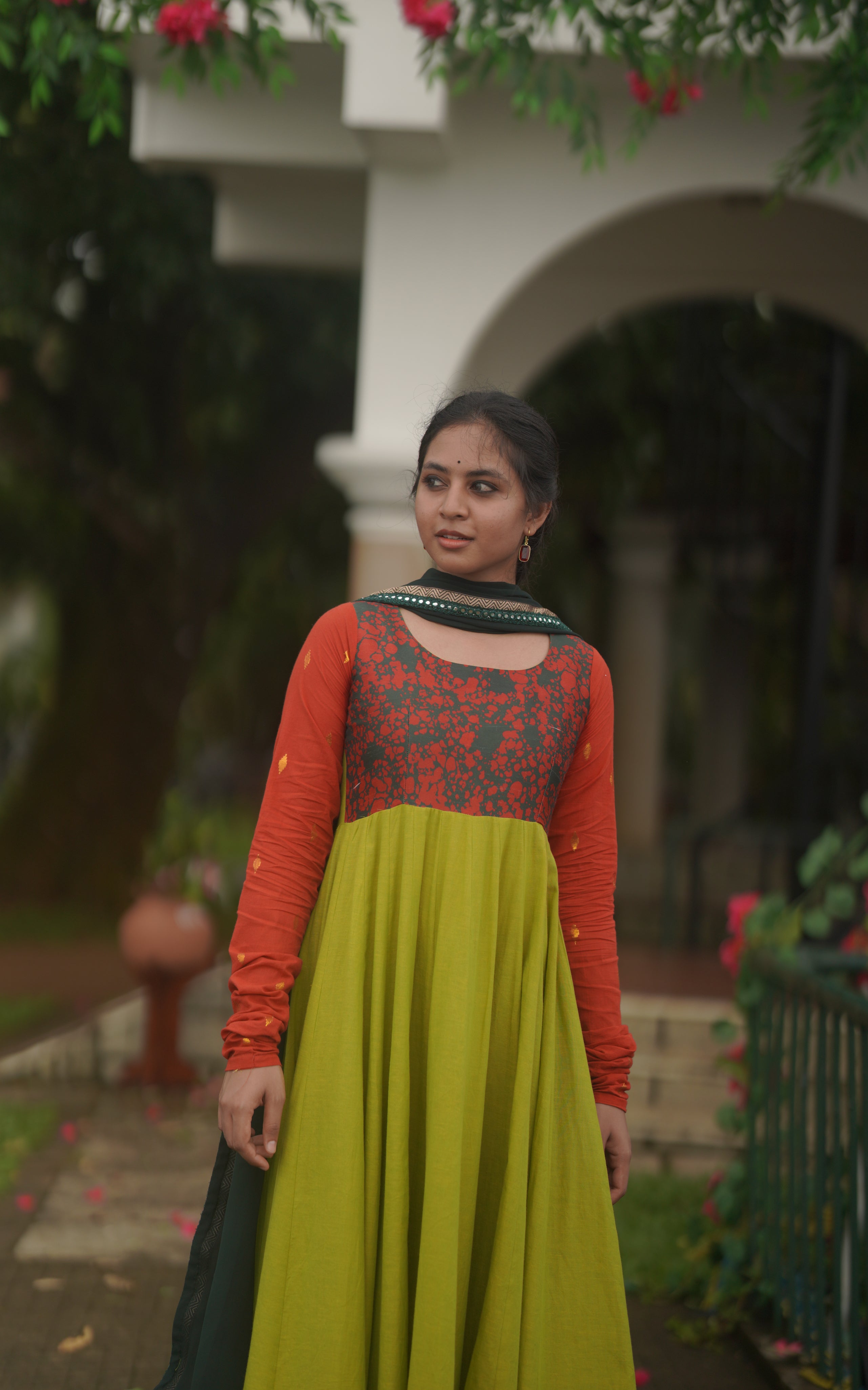 Instore - Green Color South Cotton Full Flared South Cotton Anarkali Kurti, Gathered Sleeves