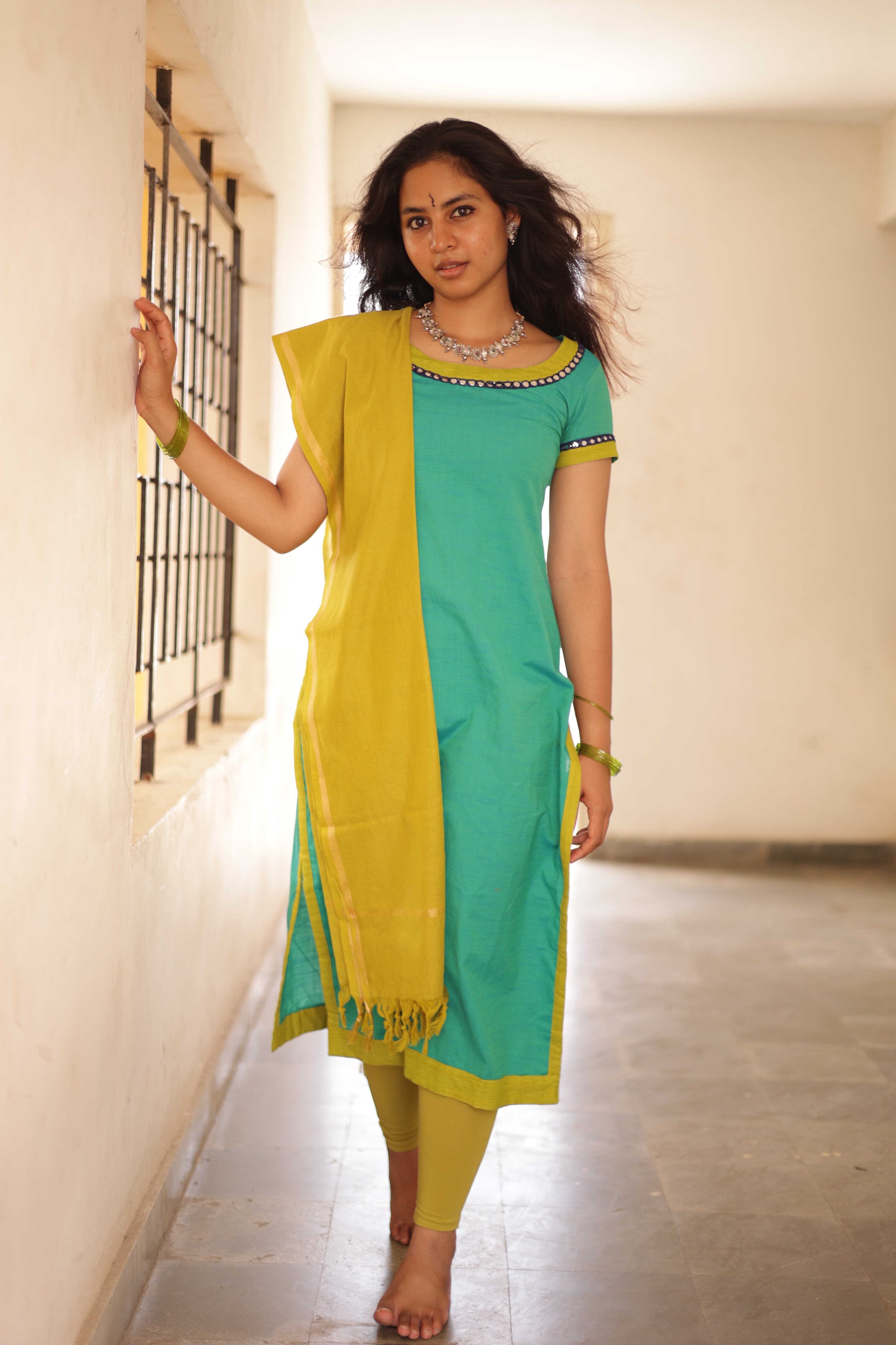 Kaakha Kaakha Jyotika Aqua Blue Lime Green (Kurti+Dupatta)