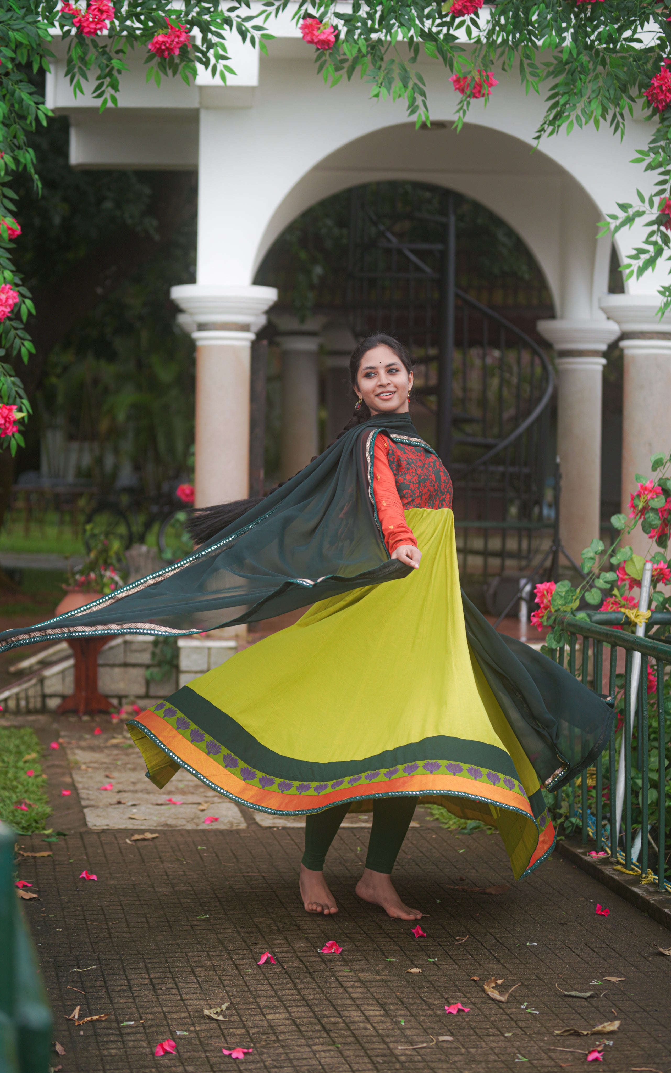 Instore - Green Color South Cotton Full Flared South Cotton Anarkali Kurti, Gathered Sleeves