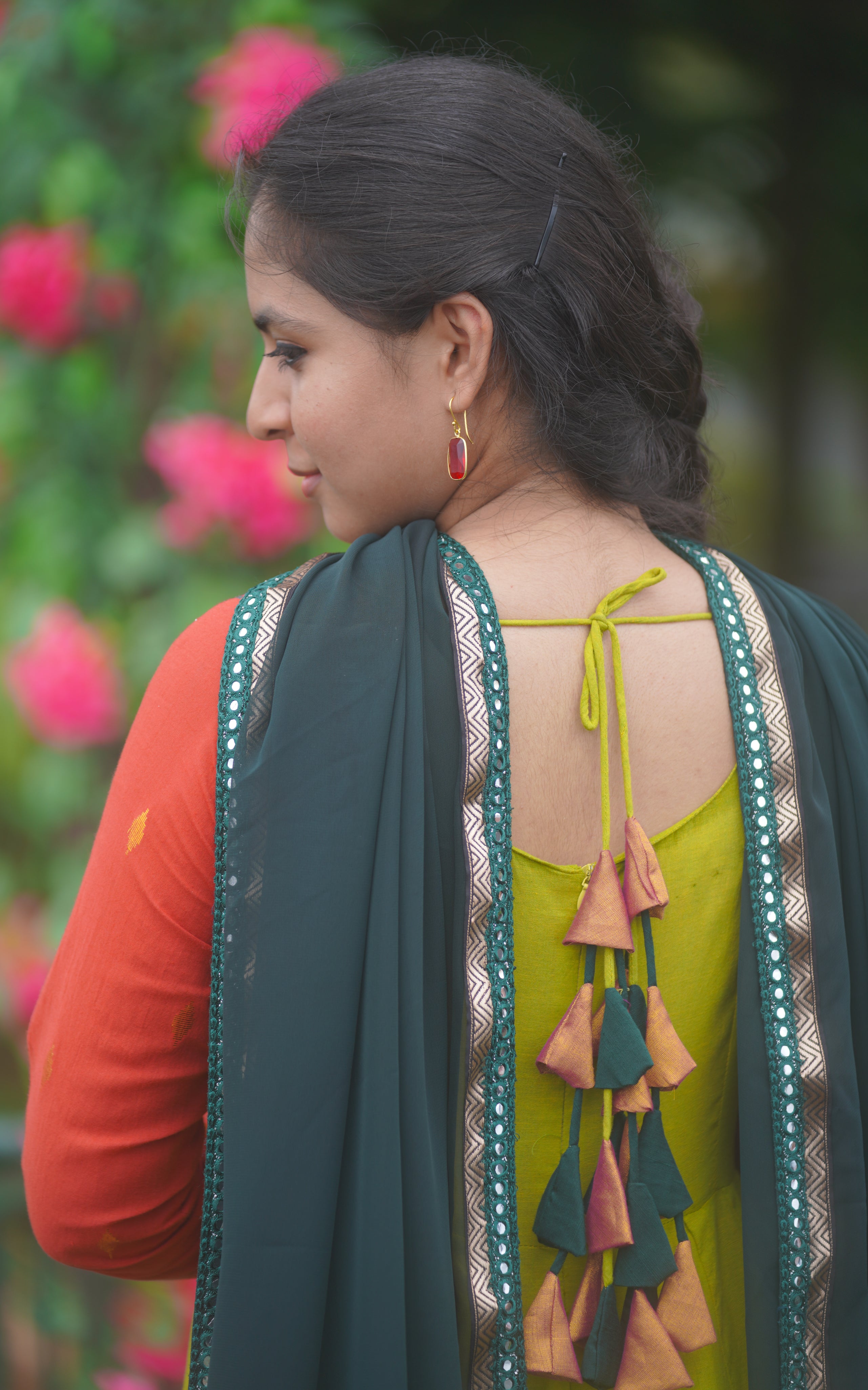 Instore - Green Color South Cotton Full Flared South Cotton Anarkali Kurti, Gathered Sleeves