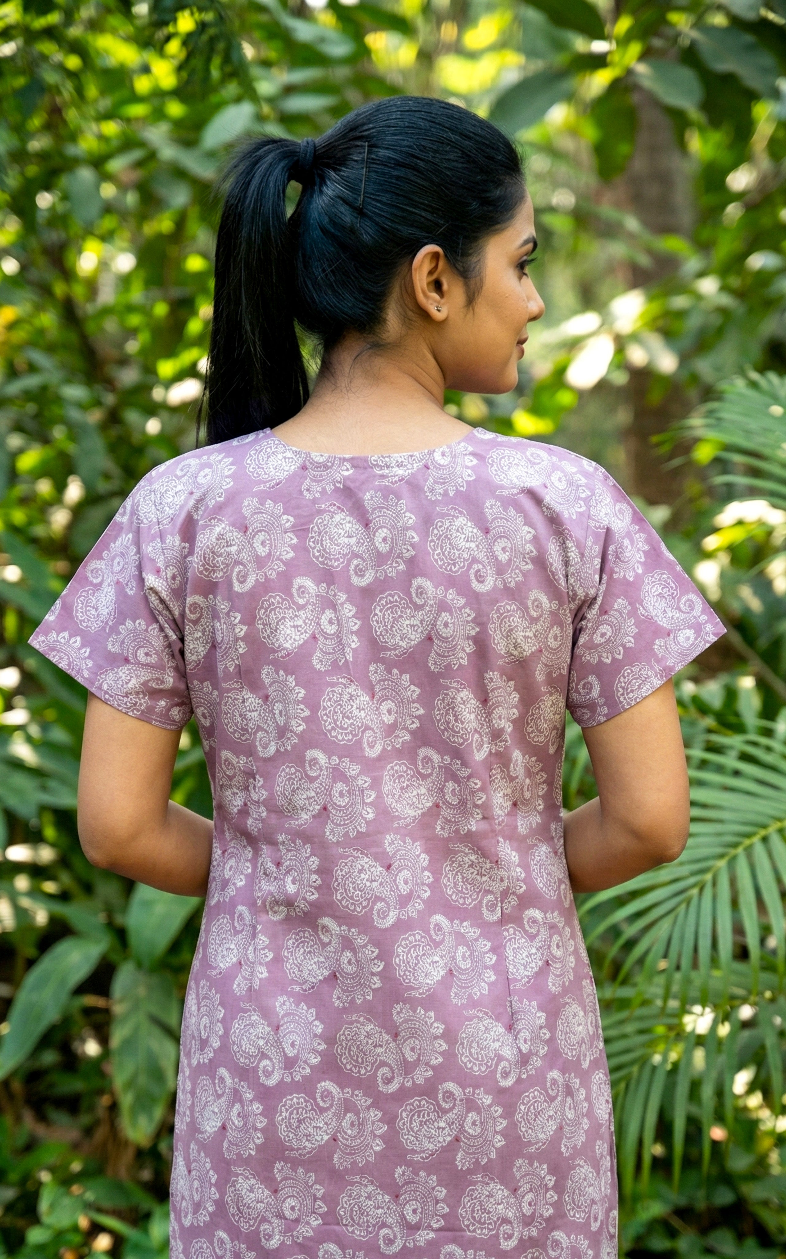 Instore – Lavender Cotton Long Nighty, All-Over Traditional Paisley Print, Round Neck with White Lace Detailing & Button Placket, A-line Fit, Women's Sleepwear