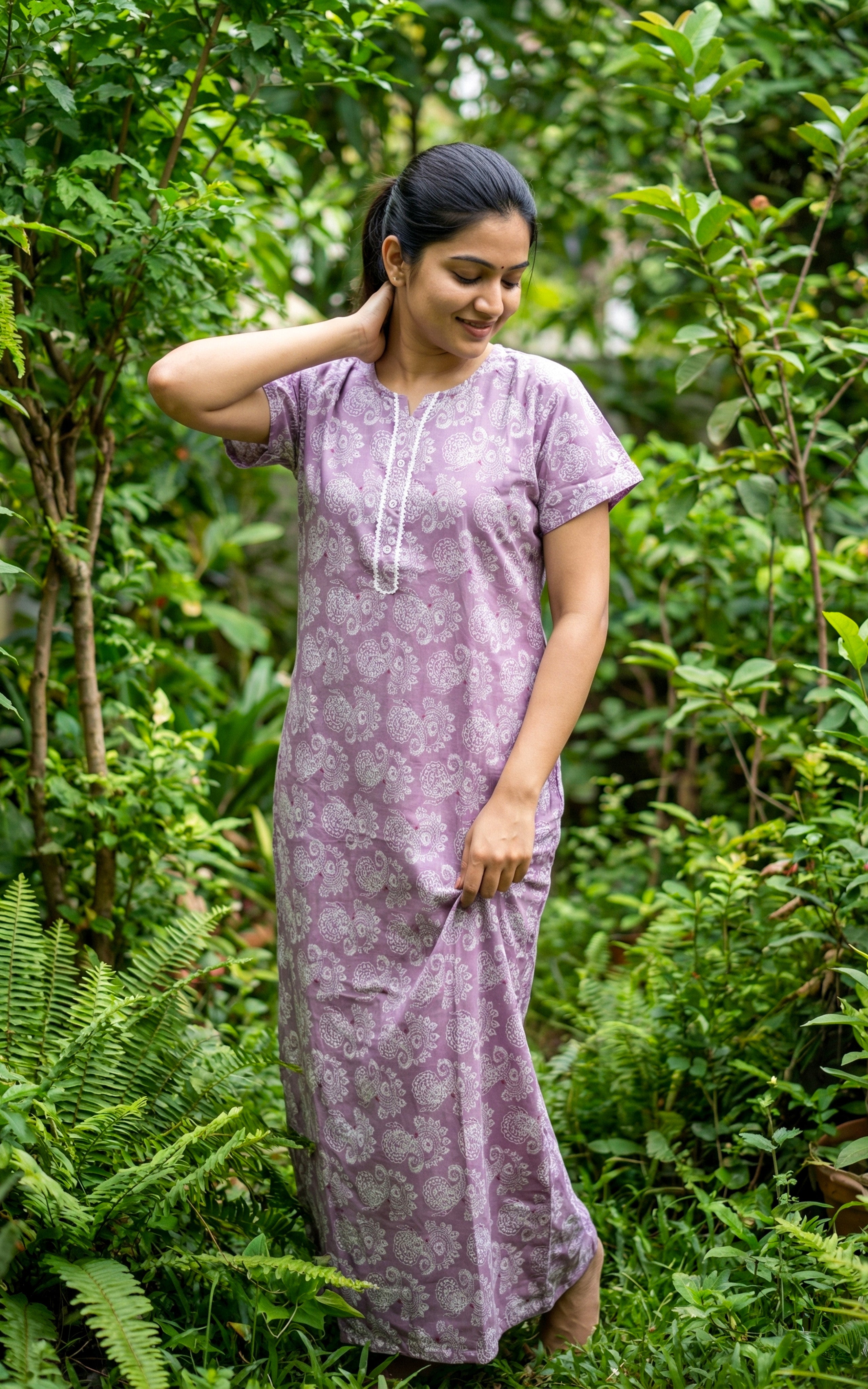 Instore – Lavender Cotton Long Nighty, All-Over Traditional Paisley Print, Round Neck with White Lace Detailing & Button Placket, A-line Fit, Women's Sleepwear