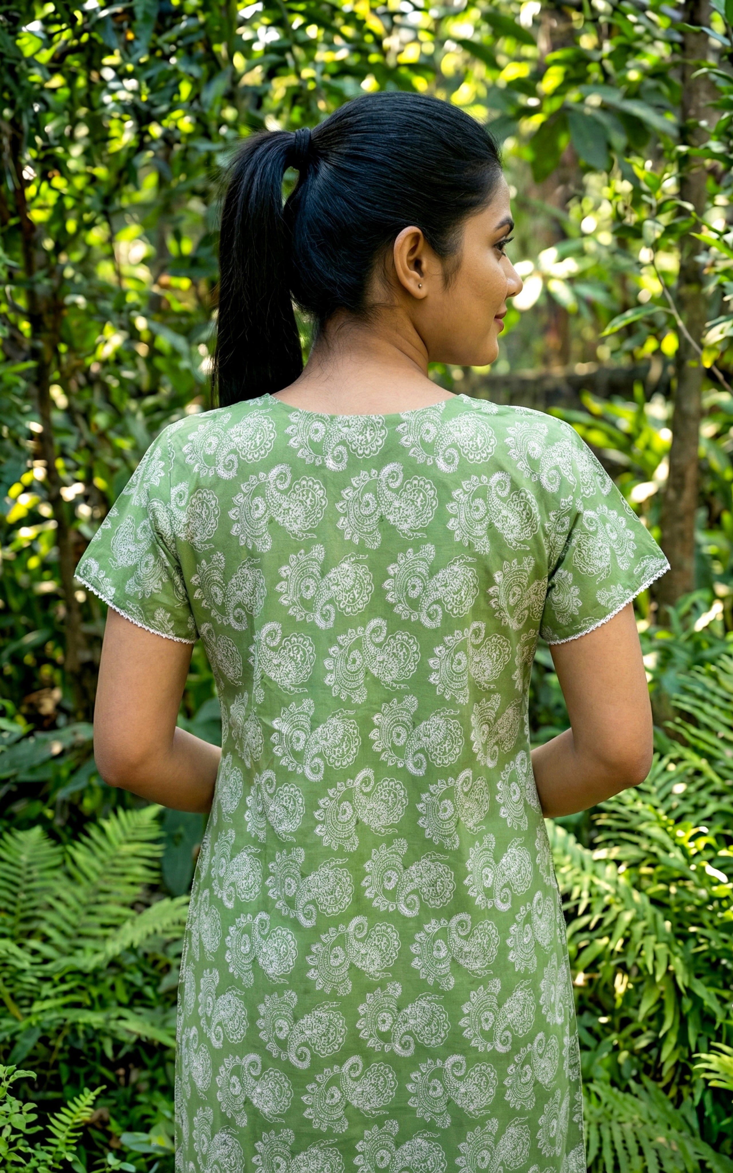 Instore – Light Green Cotton Long Nighty, All-Over Paisley Print, Round Neck with White Lace Detailing & Button Placket, A-line Fit, Women's Sleepwear