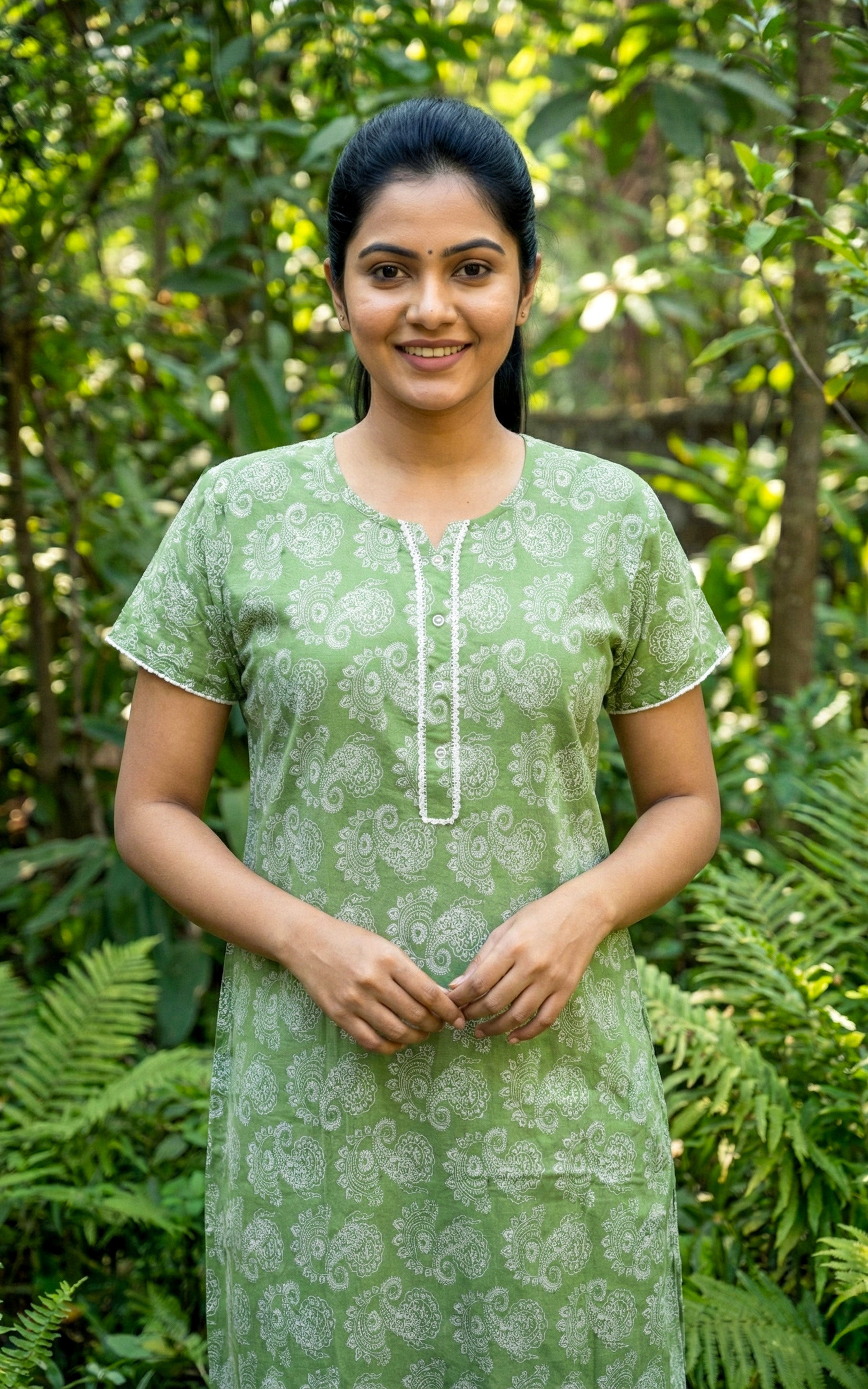 Instore – Light Green Cotton Long Nighty, All-Over Paisley Print, Round Neck with White Lace Detailing & Button Placket, A-line Fit, Women's Sleepwear