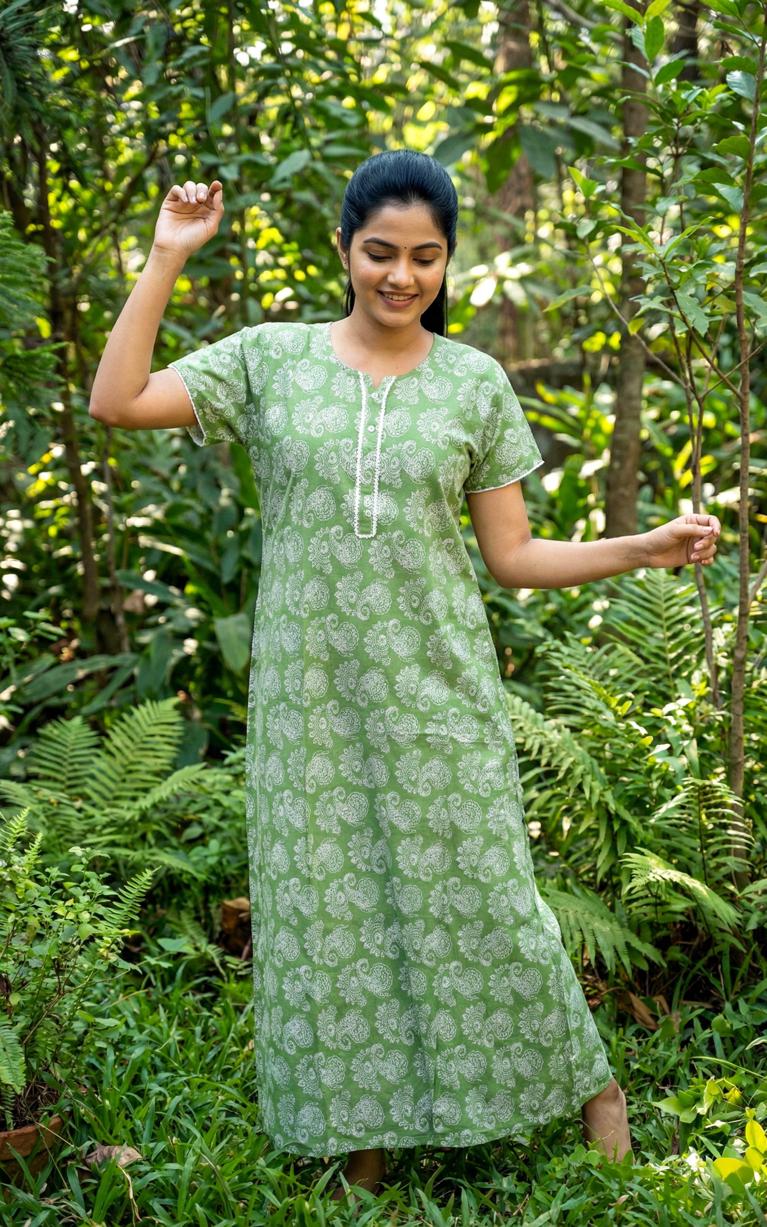 Instore – Light Green Cotton Long Nighty, All-Over Paisley Print, Round Neck with White Lace Detailing & Button Placket, A-line Fit, Women's Sleepwear