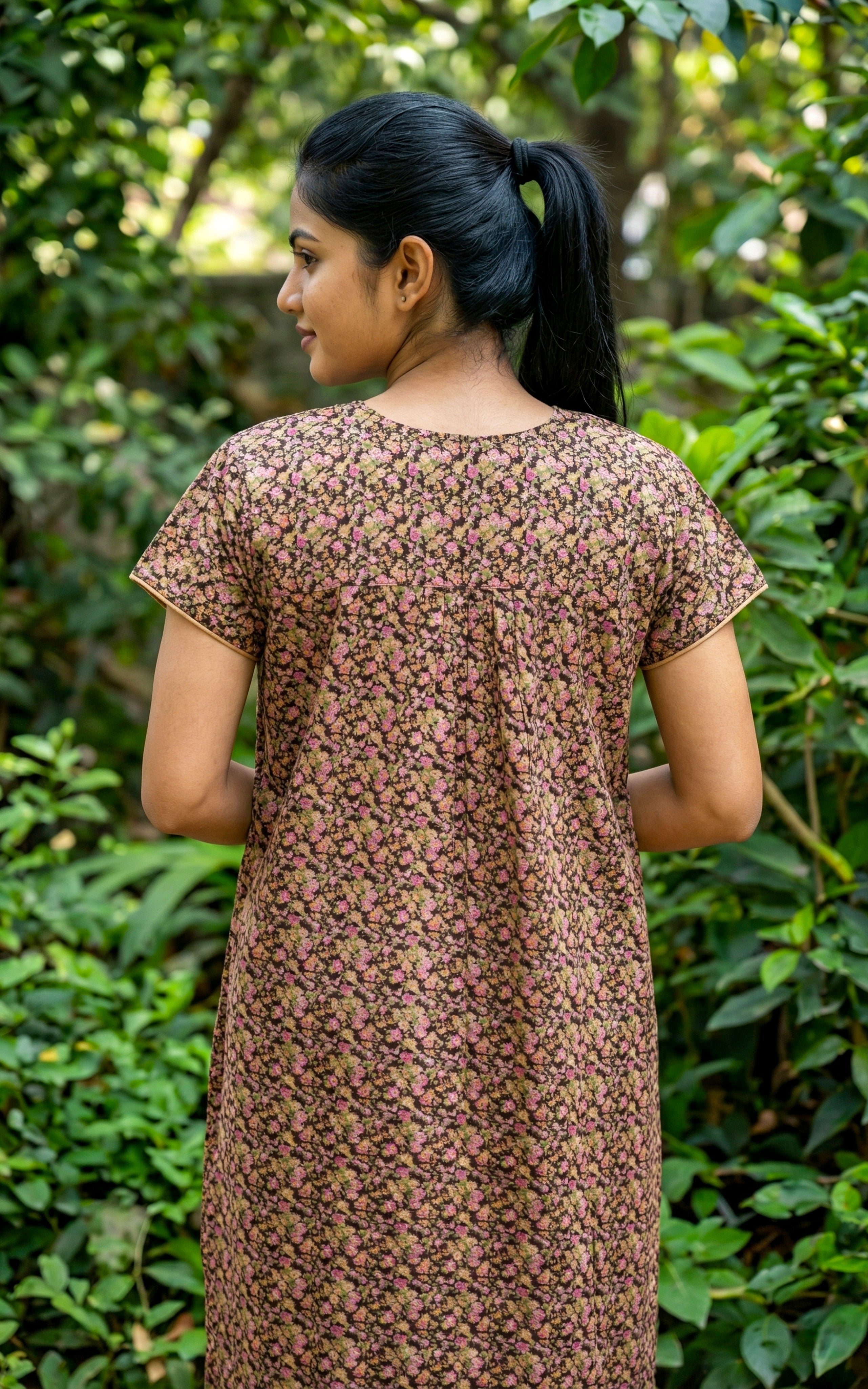 Instore – Brown Cotton Long Nighty, All-Over Floral Print, Round Neck with Contrast Yoke & Embroidery Detailing, Relaxed Fit, Women's Sleepwear