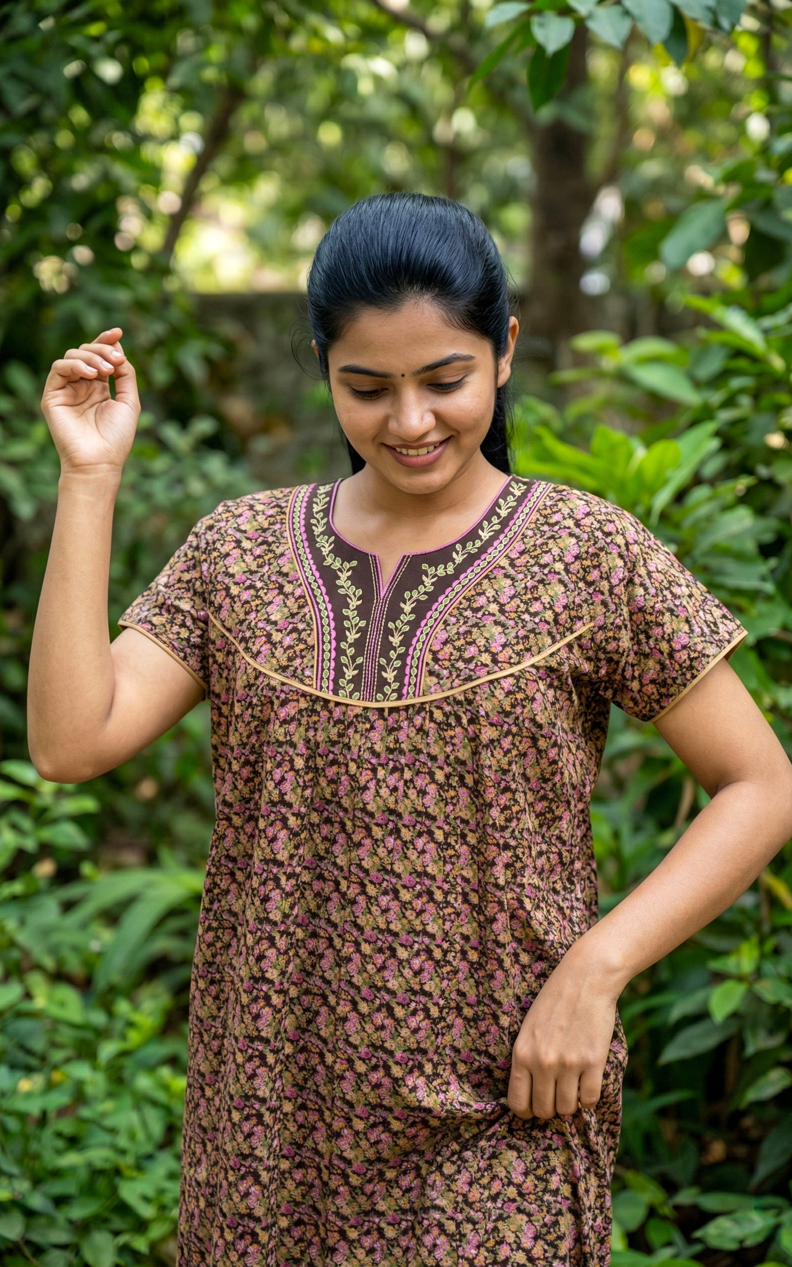 Instore – Brown Cotton Long Nighty, All-Over Floral Print, Round Neck with Contrast Yoke & Embroidery Detailing, Relaxed Fit, Women's Sleepwear