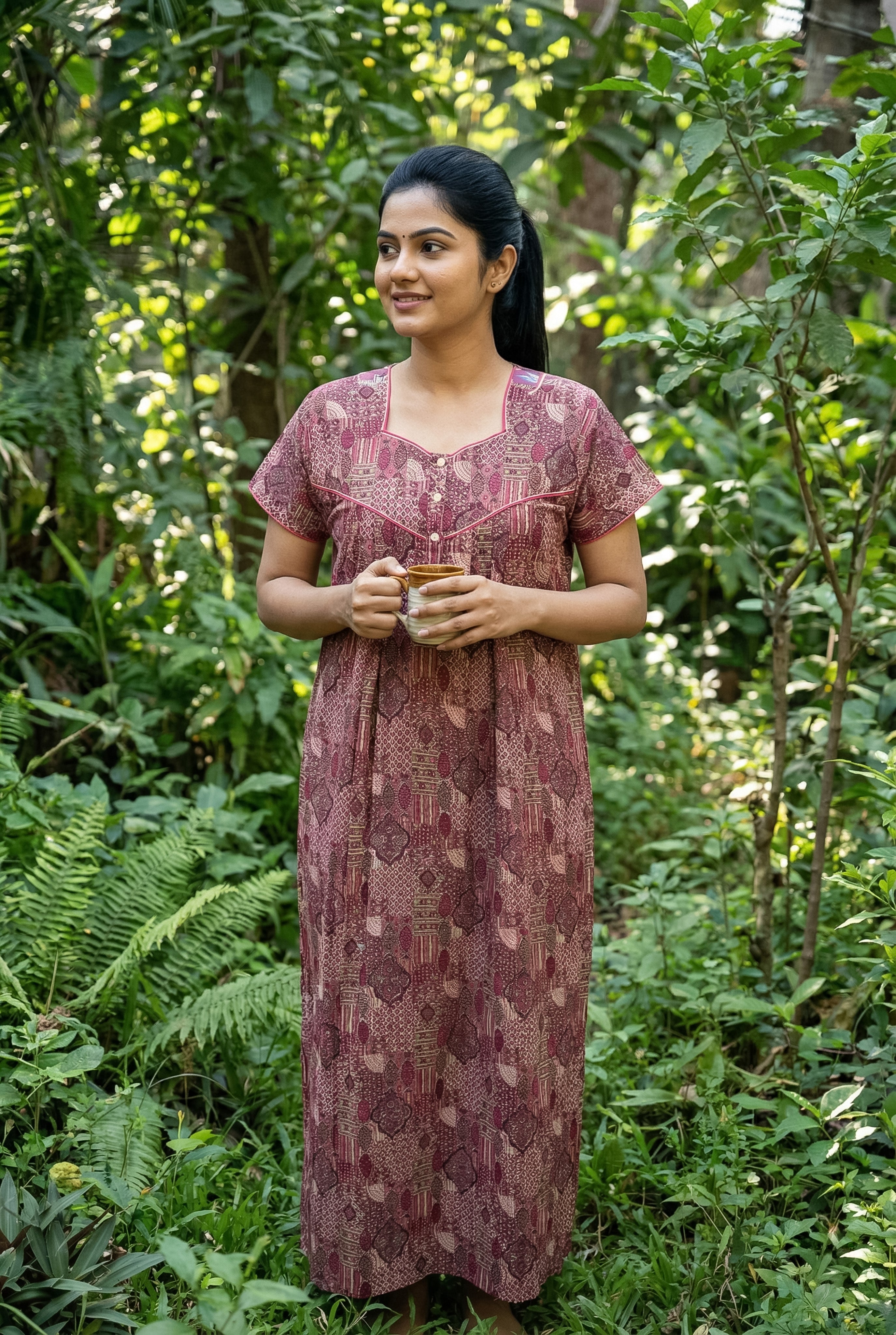 Instore – Purple Cotton Long Nighty, All-Over Traditional Print, Square/Soft V-Neck with Contrast Piping & Button Placket, Relaxed Fit, Women's Sleepwear