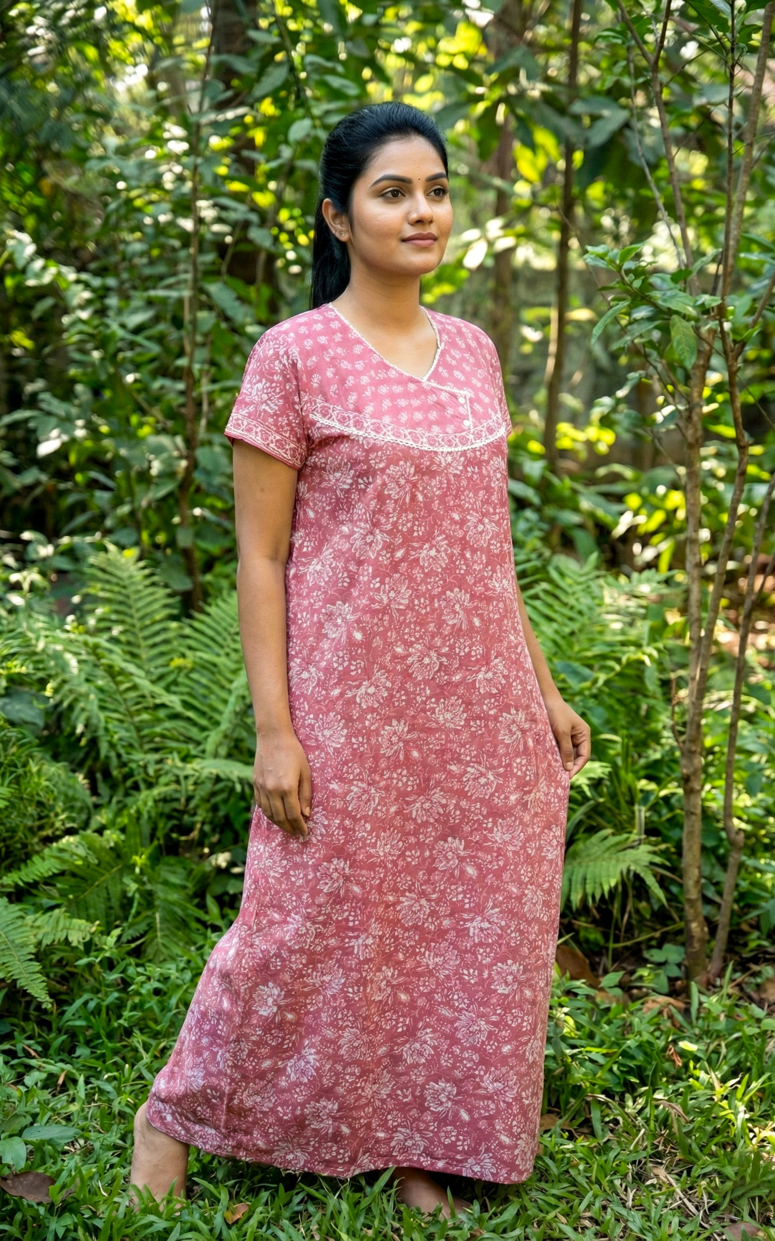 Instore – Pink Cotton Long Nighty, All-Over Floral Print with Contrast Yoke & Sleeve Border, Round Neck with White Contrast Printed Yoke & Button Placket, A-line Fit, Women's Sleepwear