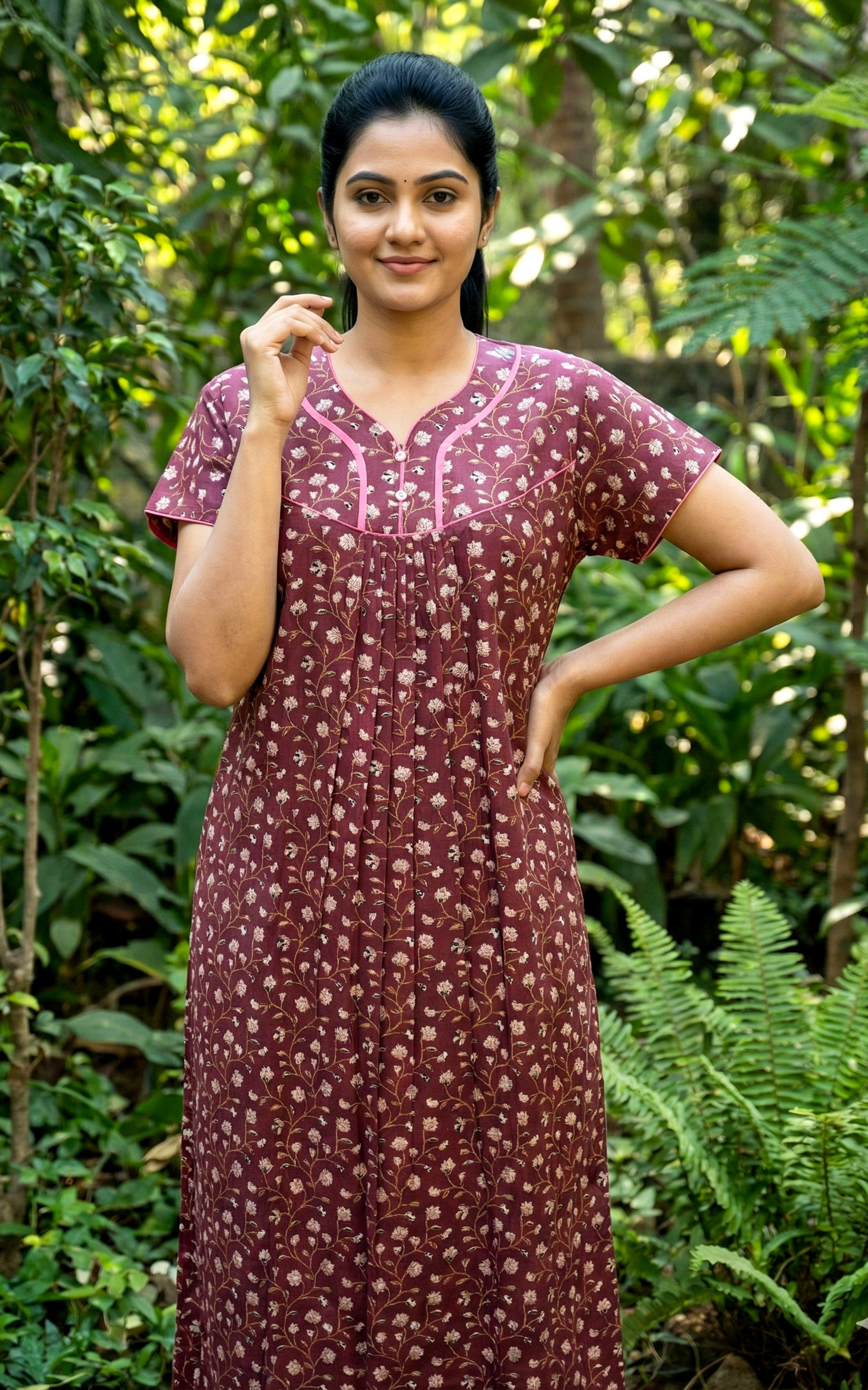 Instore – Brown Cotton Long Nighty, All-Over Delicate Floral Design, Round Neck with Pink Contrast Piping & Button Placket, Relaxed Fit, Women's Sleepwear
