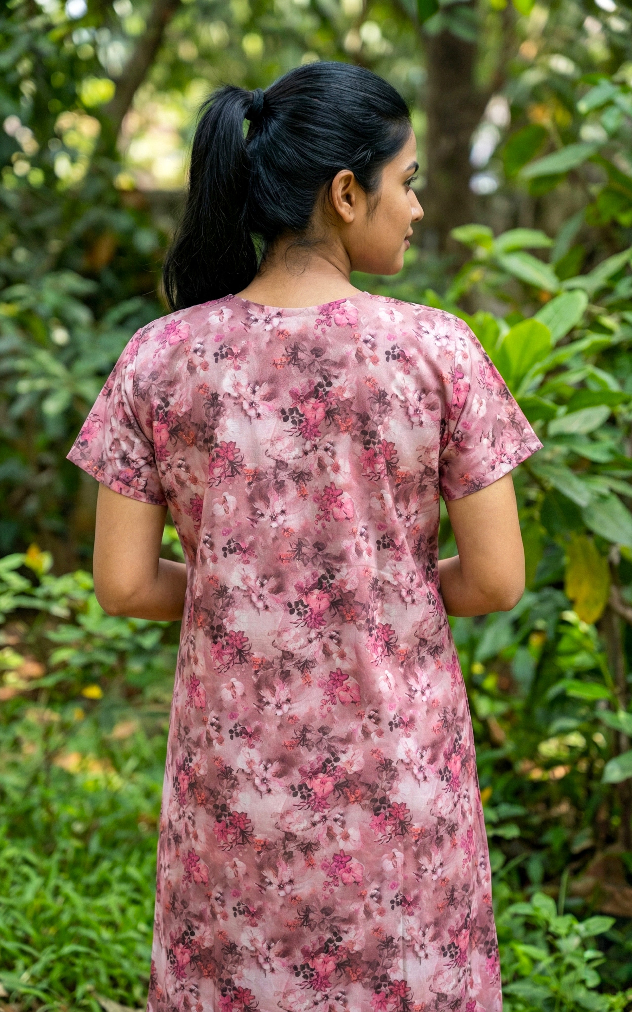 Instore – Dusty Pink Cotton Long Nighty, All-Over Floral Print, Round Neck with Contrast Placket & Button Detailing, Straight Fit, Women's Sleepwear