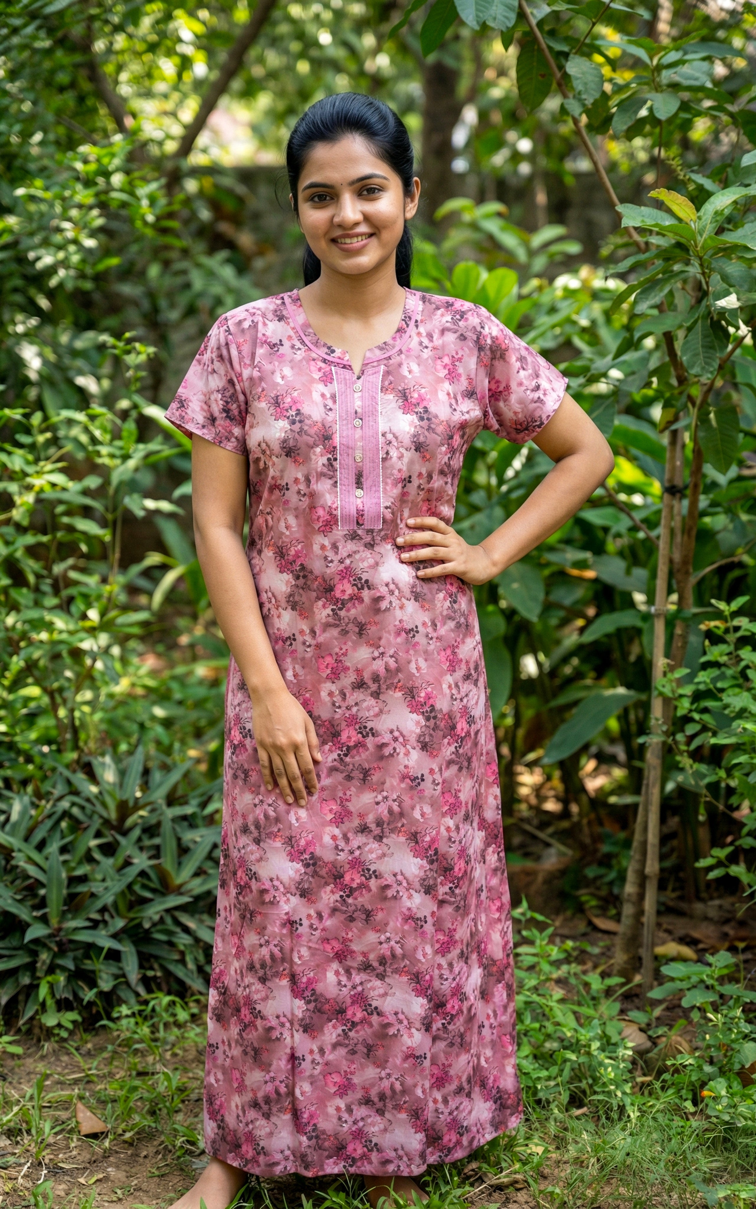 Instore – Dusty Pink Cotton Long Nighty, All-Over Floral Print, Round Neck with Contrast Placket & Button Detailing, Straight Fit, Women's Sleepwear