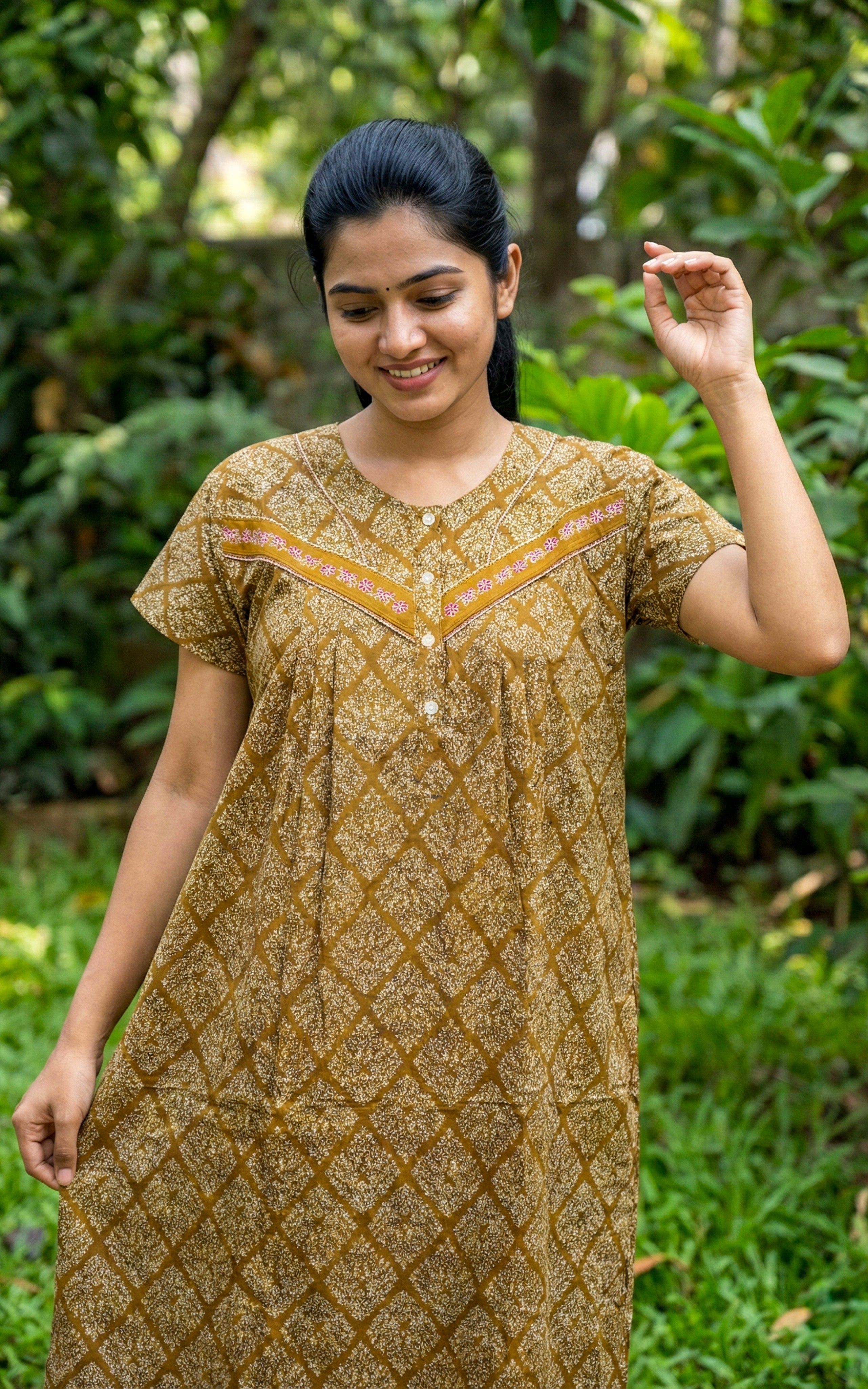 Instore – Mustard Cotton Long Nighty, All-Over Geometric Print, Round Neck with V-Shaped Contrast Yoke & Button Placket, Flared Fit, Plus Size Women's Sleepwear