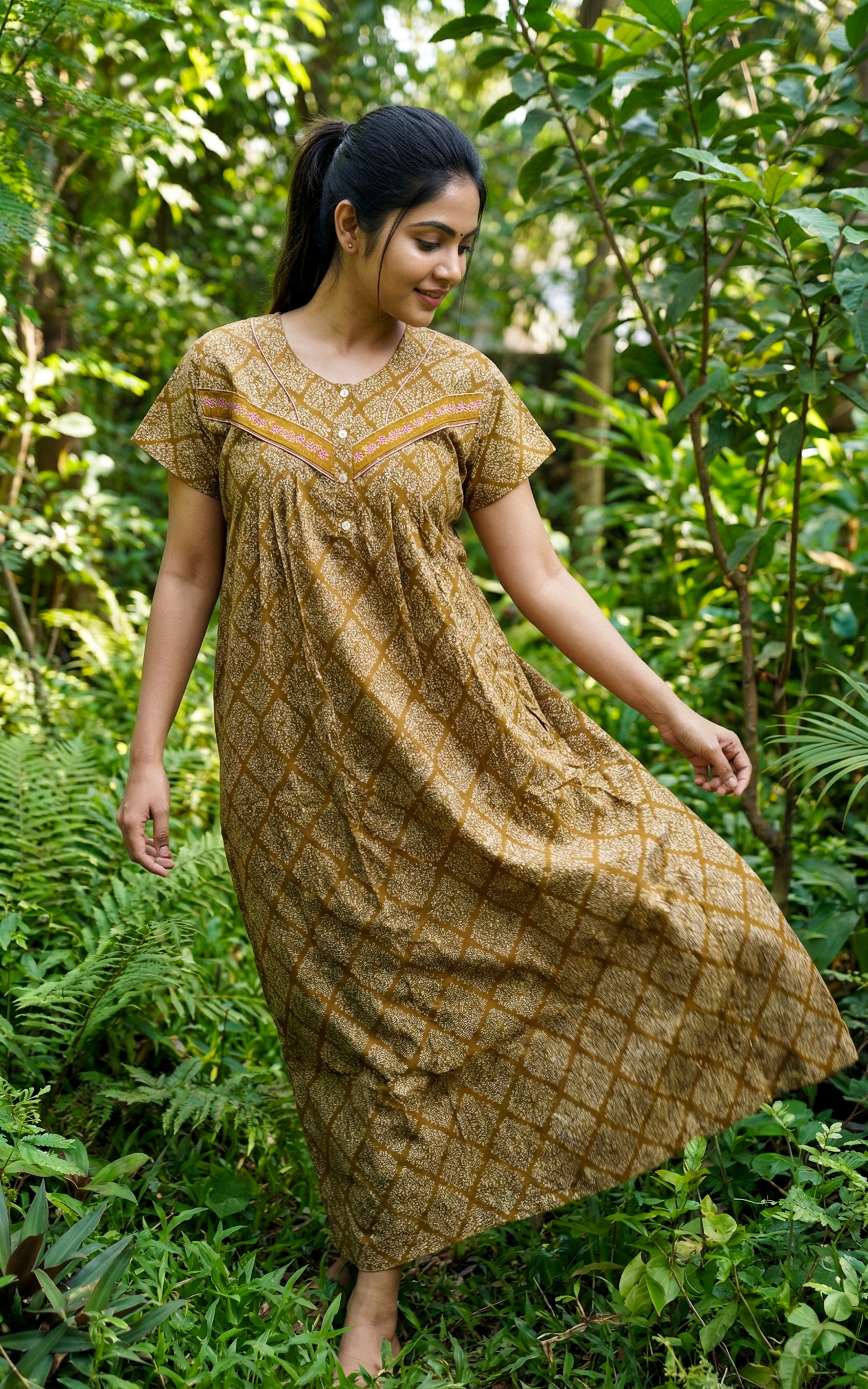 Instore – Mustard Cotton Long Nighty, All-Over Geometric Print, Round Neck with V-Shaped Contrast Yoke & Button Placket, Flared Fit, Plus Size Women's Sleepwear