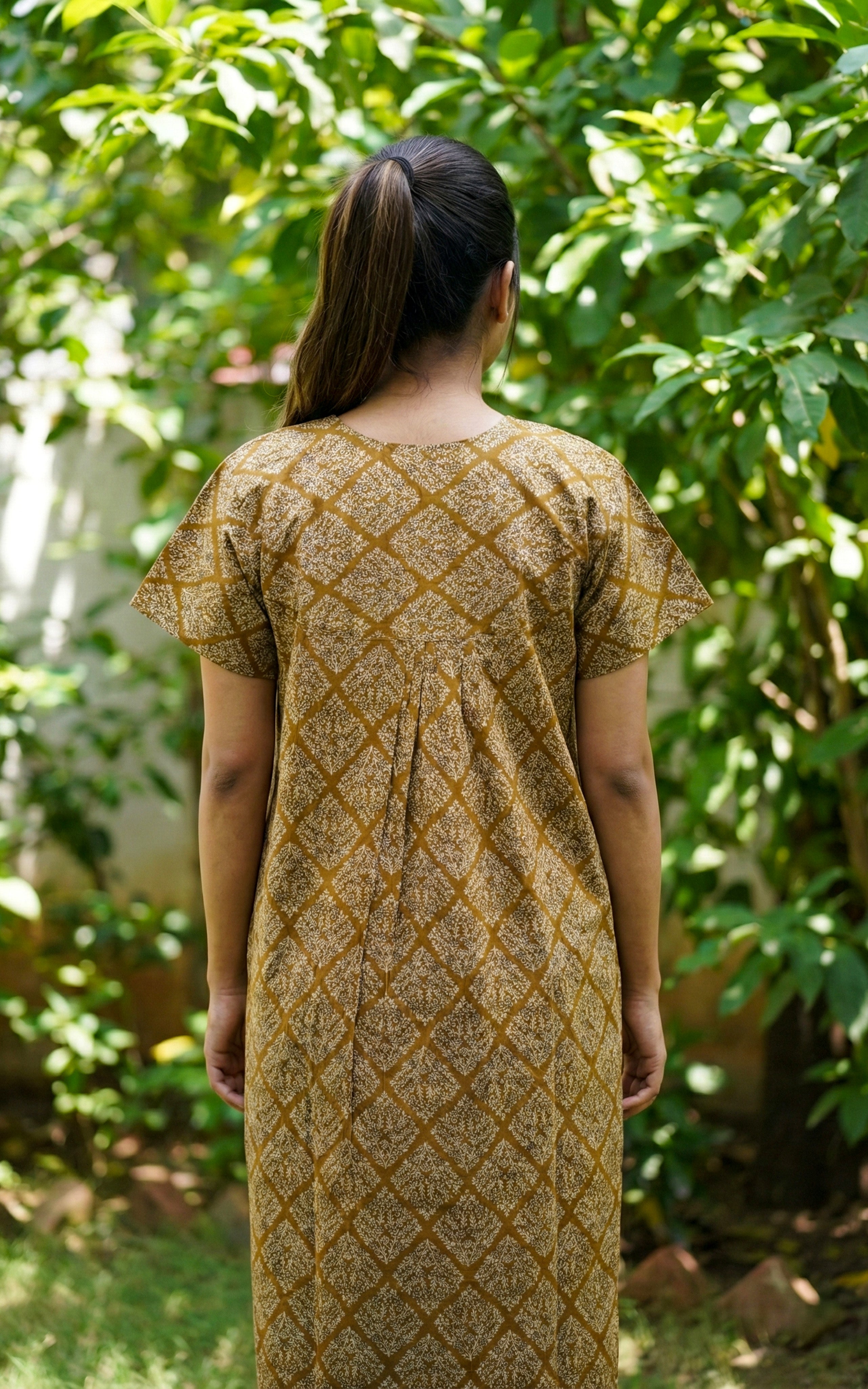Instore – Mustard Cotton Long Nighty, All-Over Geometric Print, Round Neck with V-Shaped Contrast Yoke & Button Placket, Flared Fit, Plus Size Women's Sleepwear