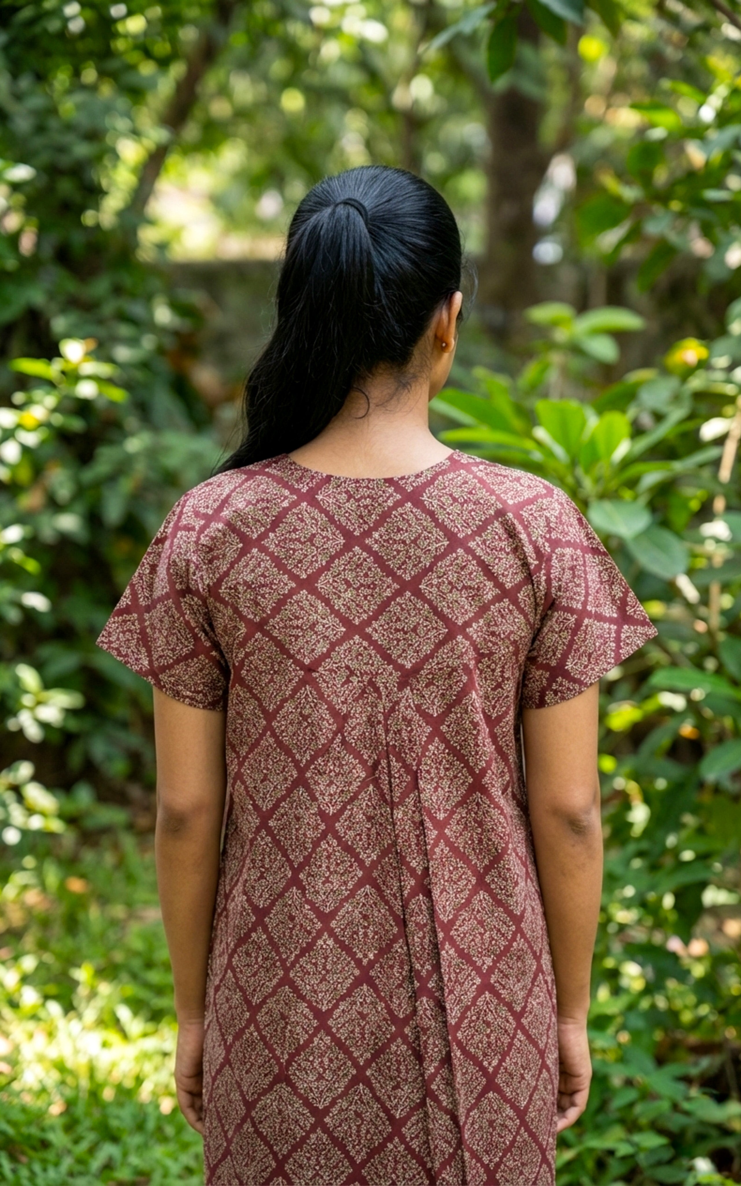 Instore – Maroon Cotton Long Nighty, All-Over Geometric Print, Round Neck with V-Shaped Embroidered Yoke & Front Button Placket, Flared Fit, Plus Size Women's Sleepwear