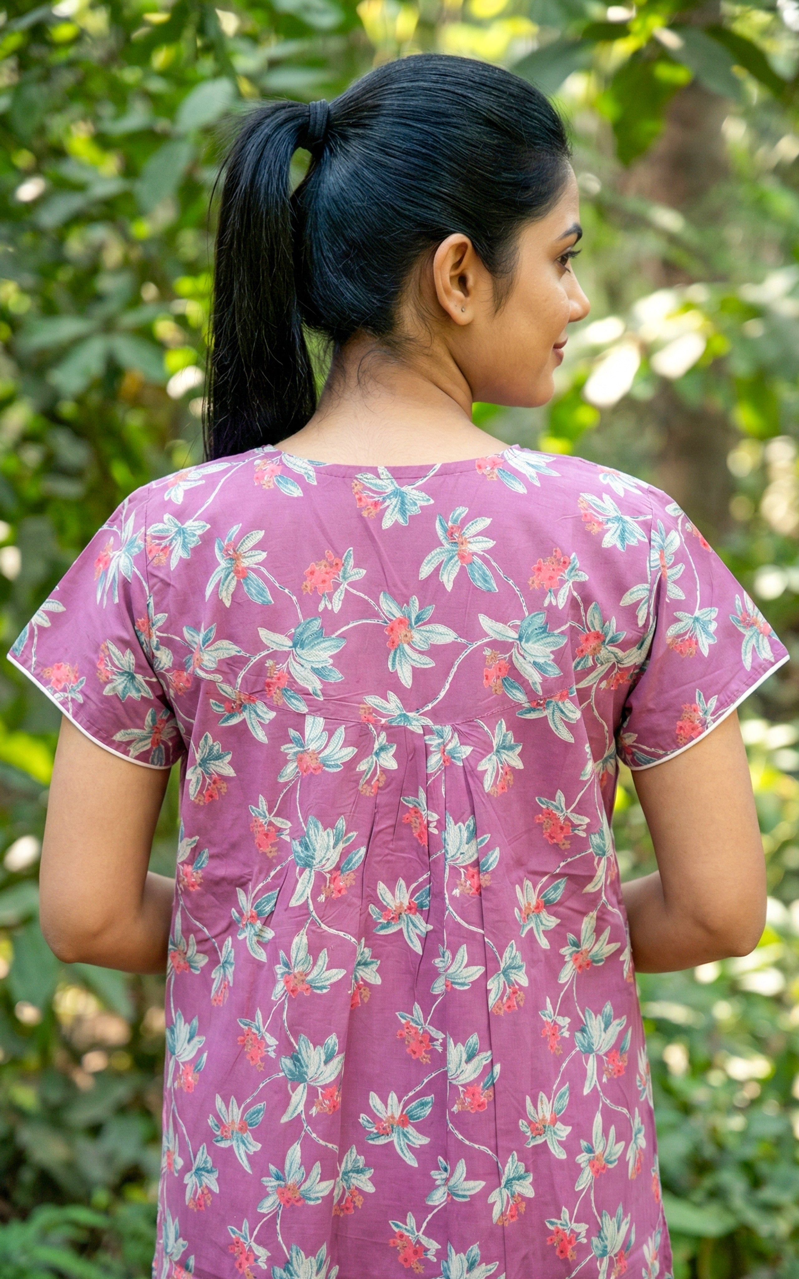 Instore – Pink Cotton Long Nighty, All-Over Floral Print, Round Neck with Contrast Piping & Front Pleat Detailing, Relaxed Fit, Women's Sleepwear
