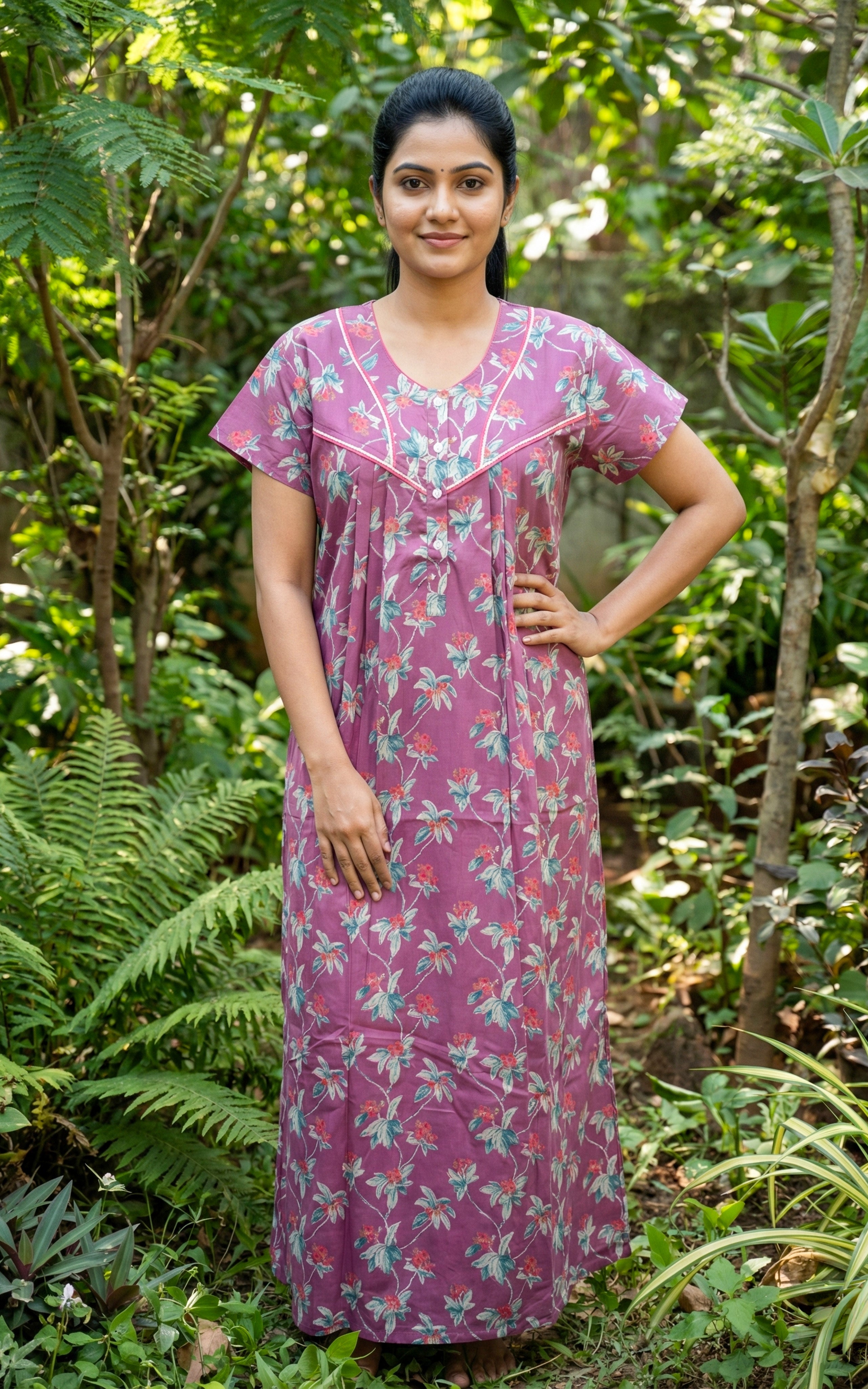 Instore – Pink Cotton Long Nighty, All-Over Floral Print, Round Neck with Contrast Piping & Front Pleat Detailing, Relaxed Fit, Women's Sleepwear