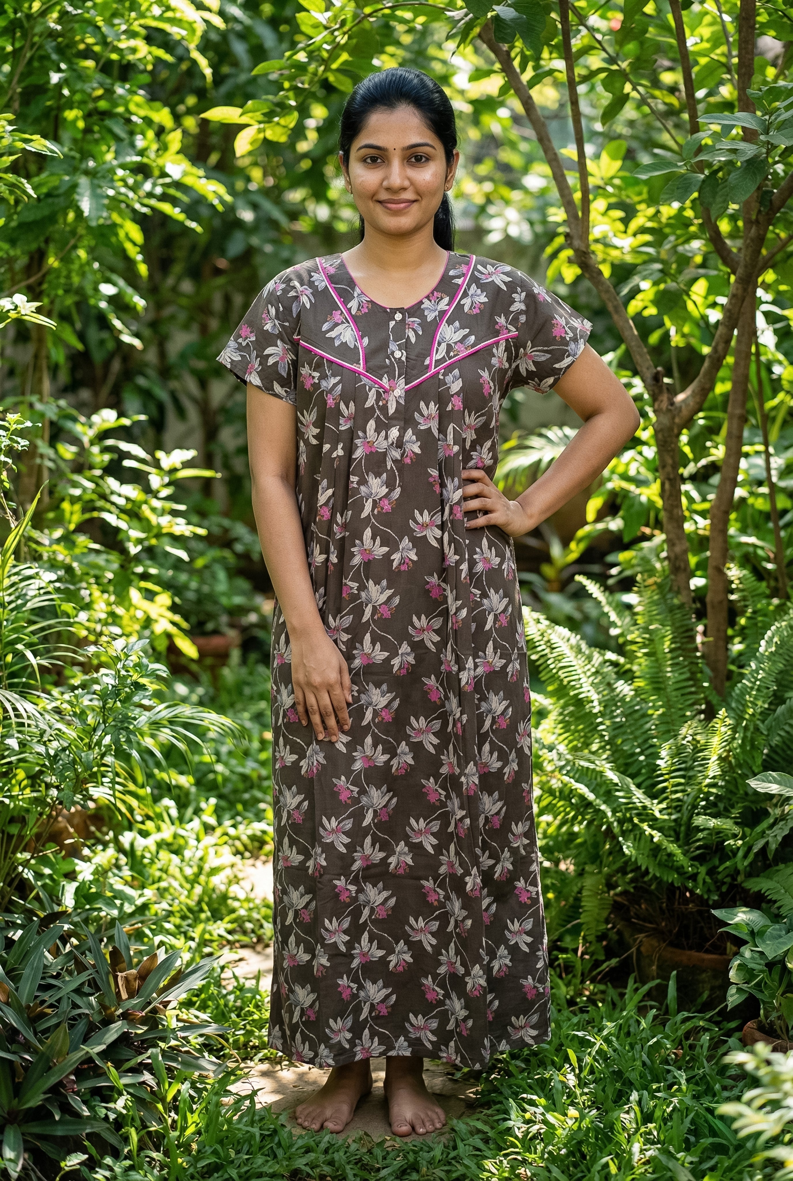 Instore – Chocolate Brown Cotton Long Nighty, All-Over Floral Print, V-Neck with Contrast Pink Piping & Button Placket, Relaxed Fit, Women's Sleepwear