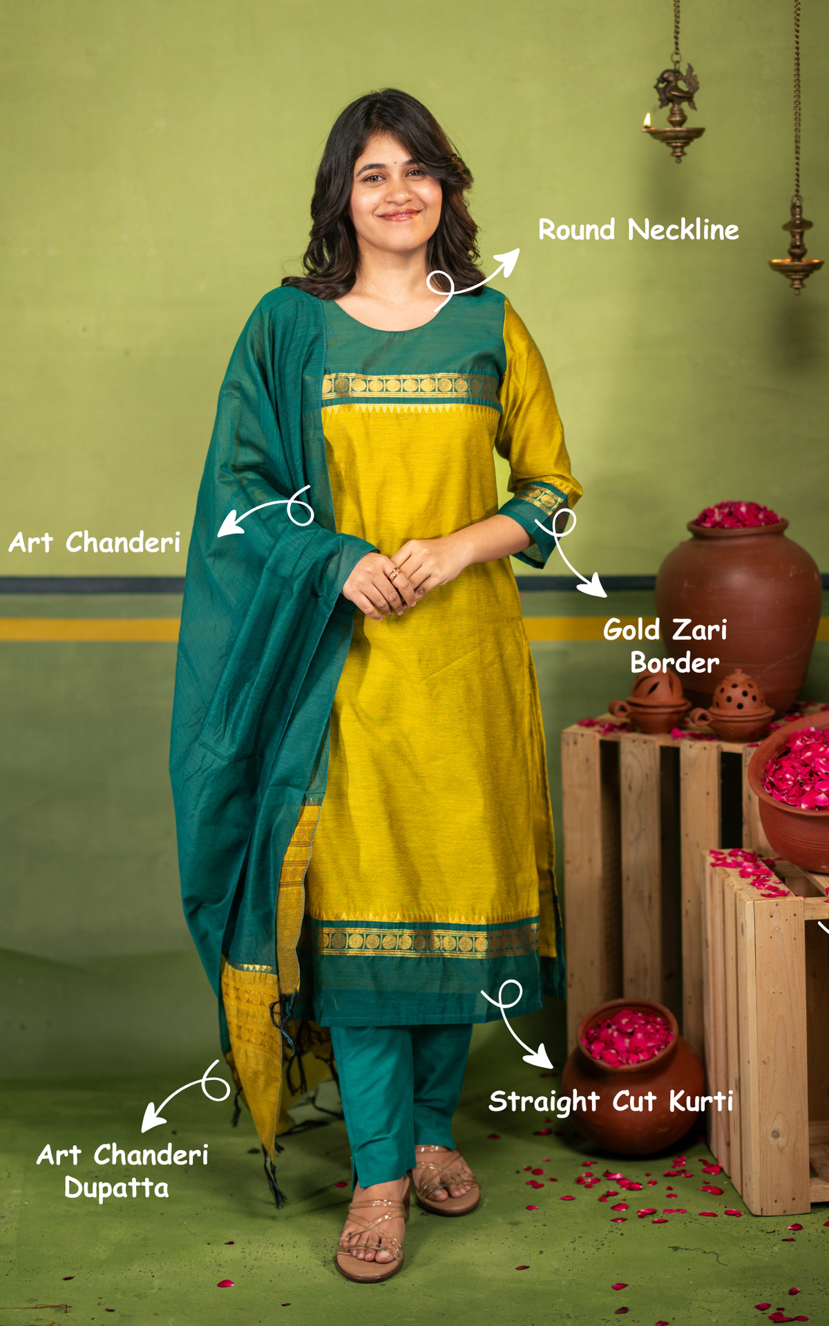 Lime Yellow Art Chanderi Kurti Dupatta Set with Cotton Lining