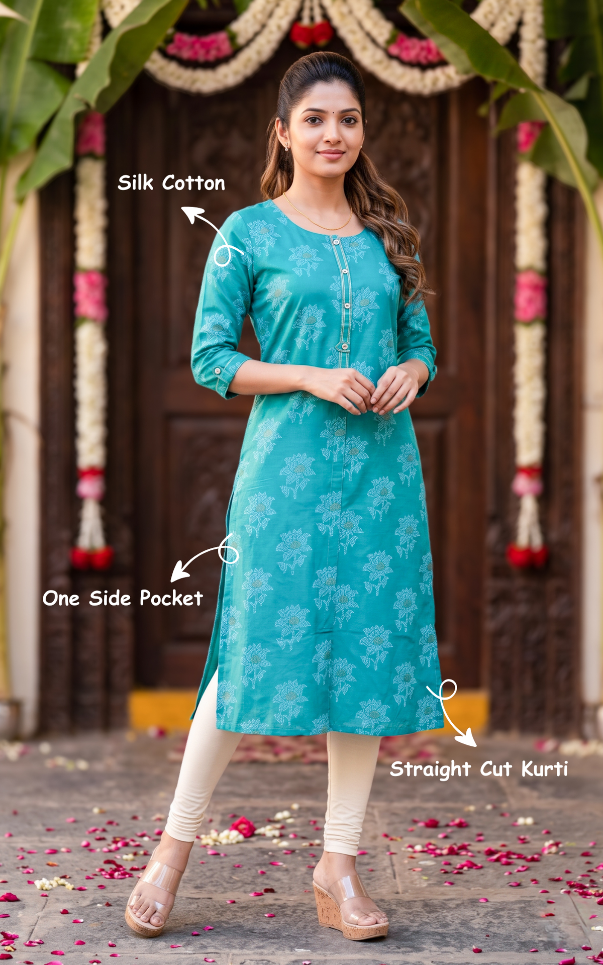Peacock Blue Silk Cotton Designer Straight Cut Kurti for Women