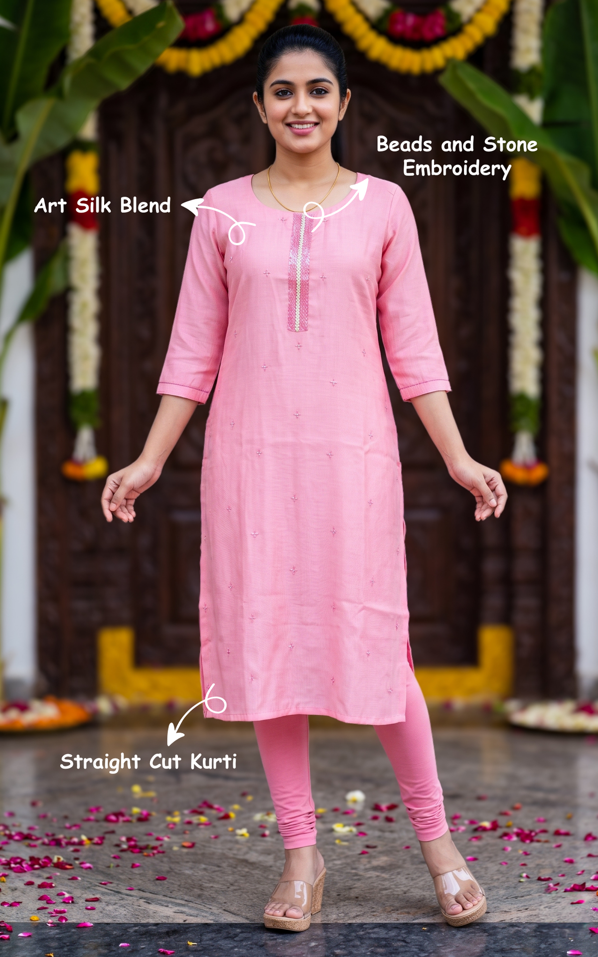 Baby Pink Art Silk Blend Casual Wear Straight Cut Kurti for Women
