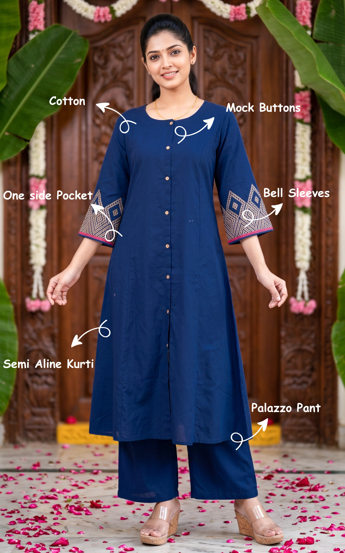Navy Blue Cotton Festive Collection Kurti Set for Women