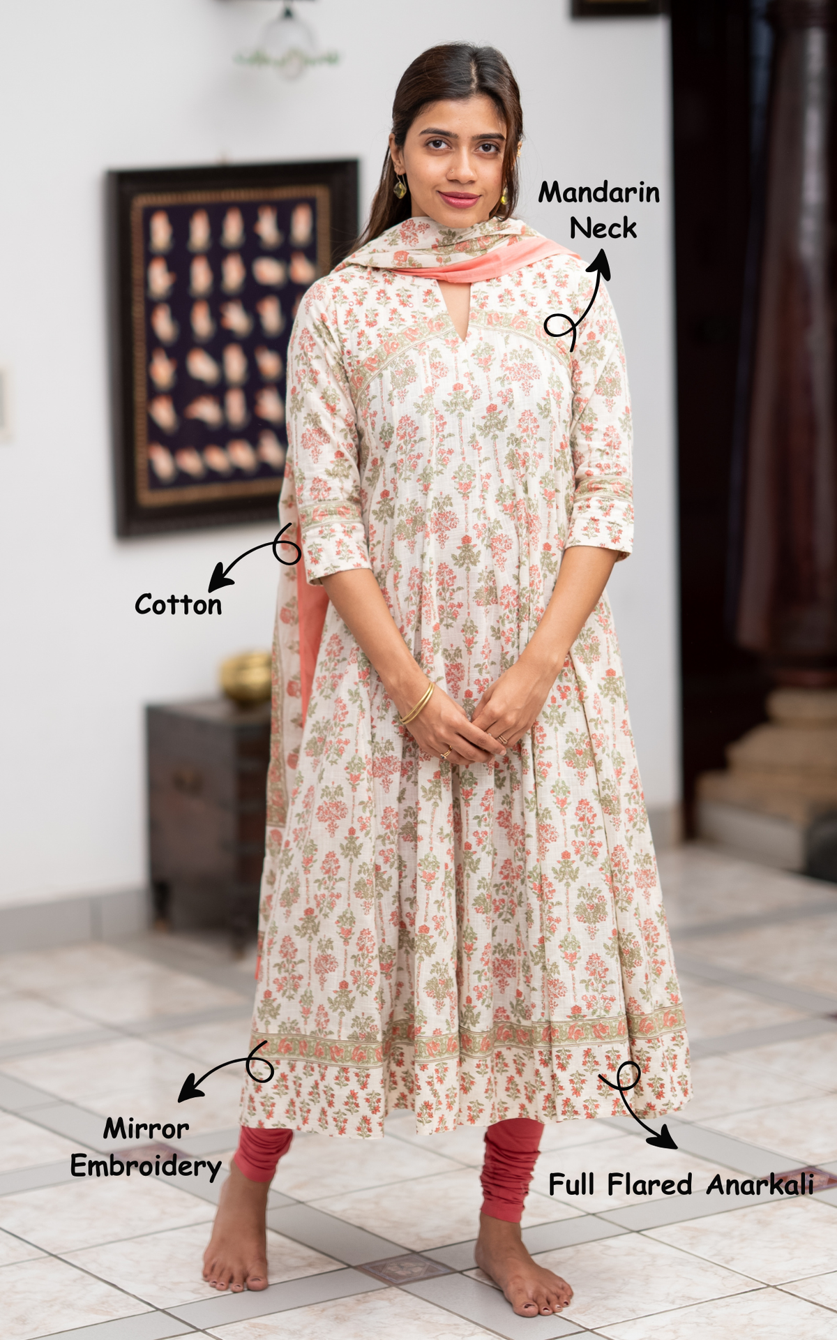 Off White & Peach Cotton Designer Anarkali Kurti with Dupatta for Women