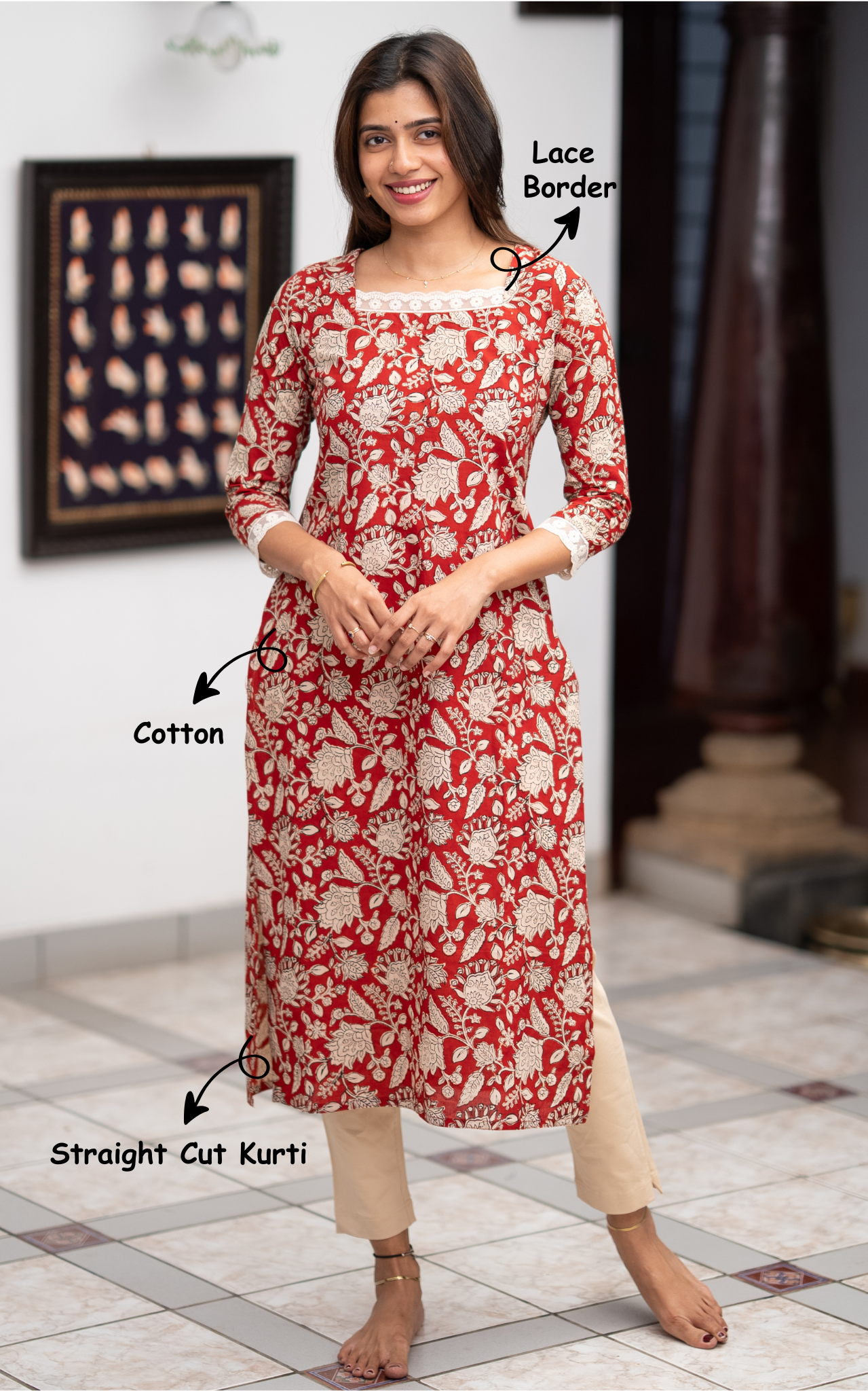 Maroon Cotton Elegant Straight Cut Kurti for Women