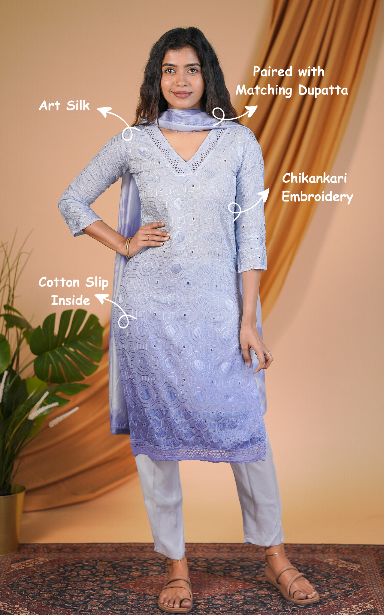 Art silk kurti with pants and dupatta for women