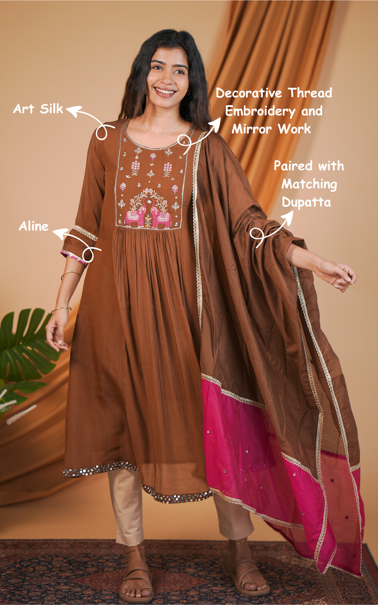 Instore – Brown Aira Kurti with Dupatta for Women – Art Silk – Festive Ethnic Wear