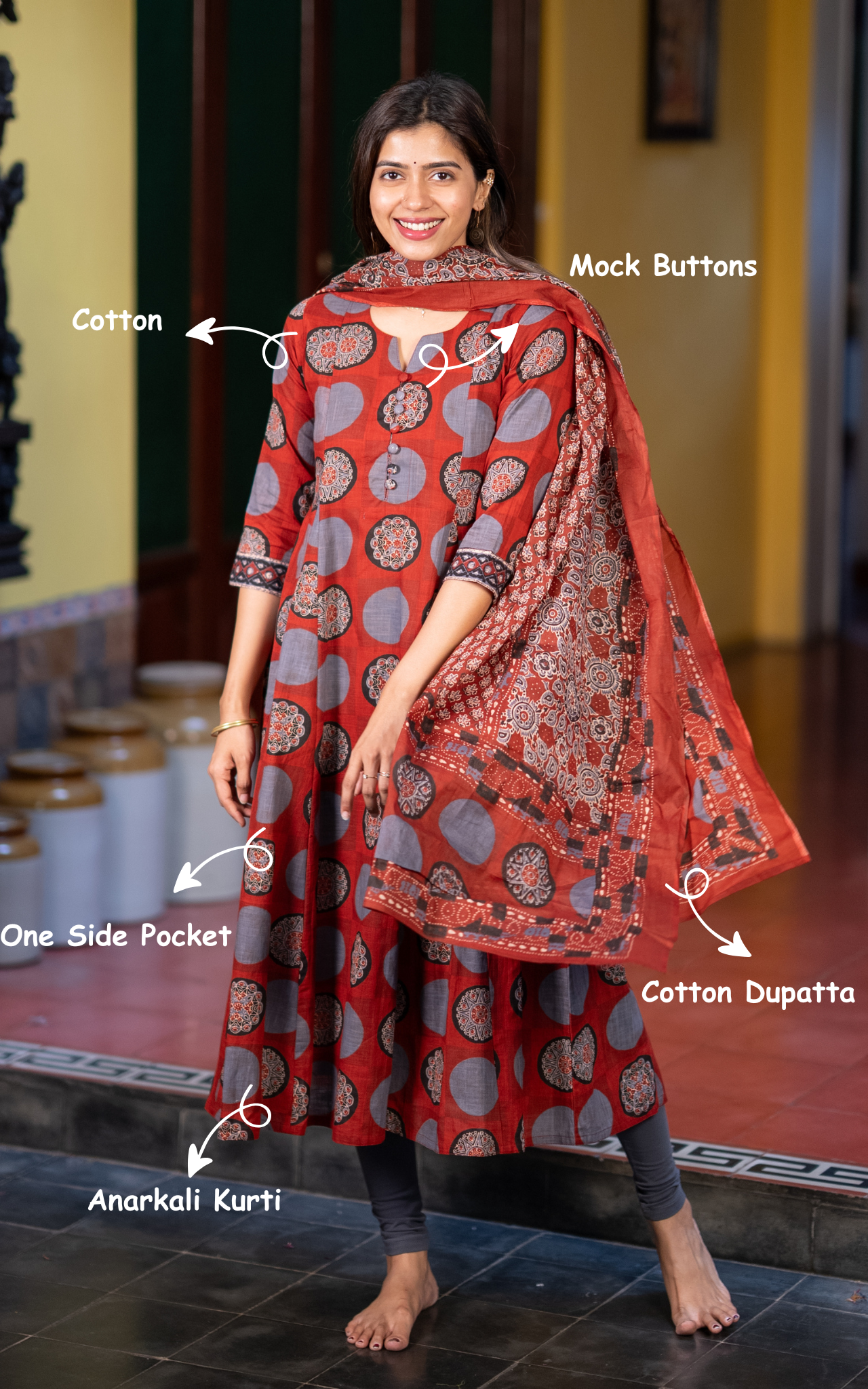 Maroon Cotton Anarkali Kurti with Cotton Dupatta for Women