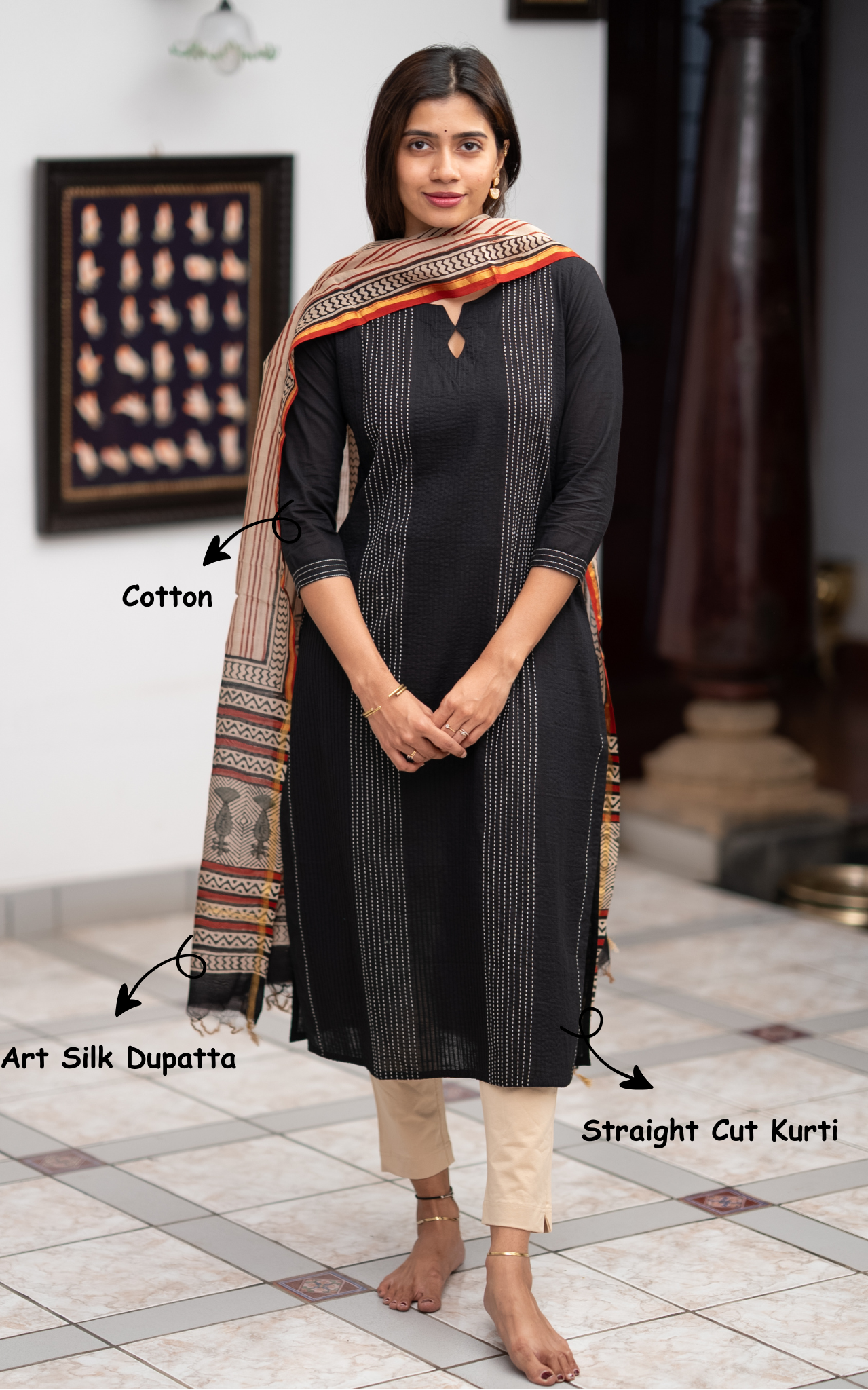Black Cotton Straight Cut Kurti with Art Silk Dupatta for Women