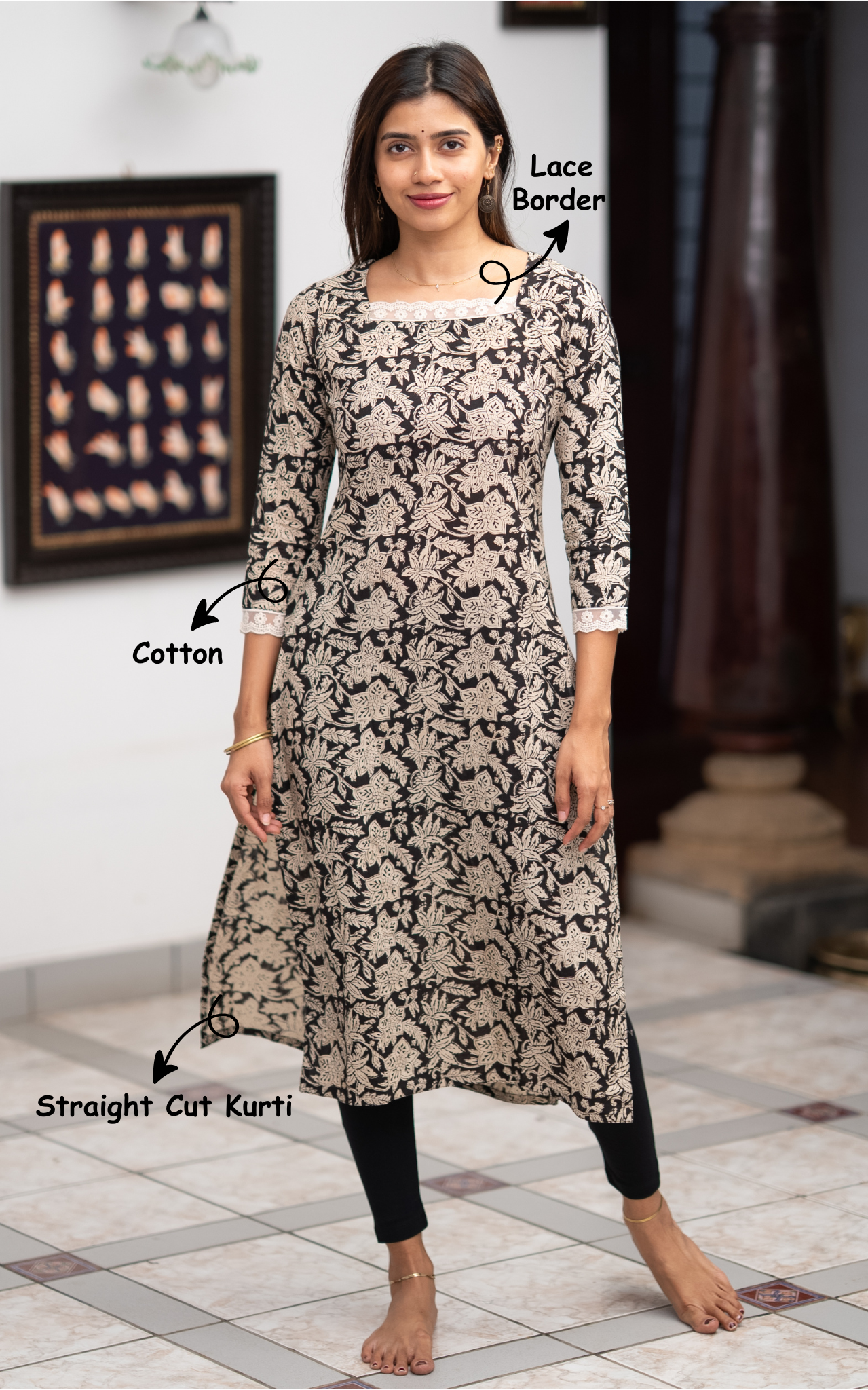 Black Cotton Designer Straight Cut Kurti for Women
