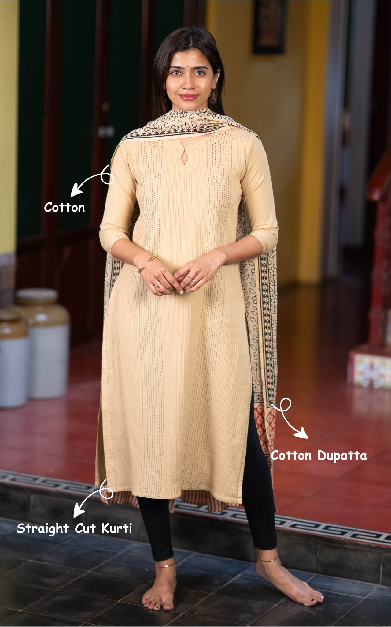 Beige Cotton Straight Cut Kurti with Dupatta for Women