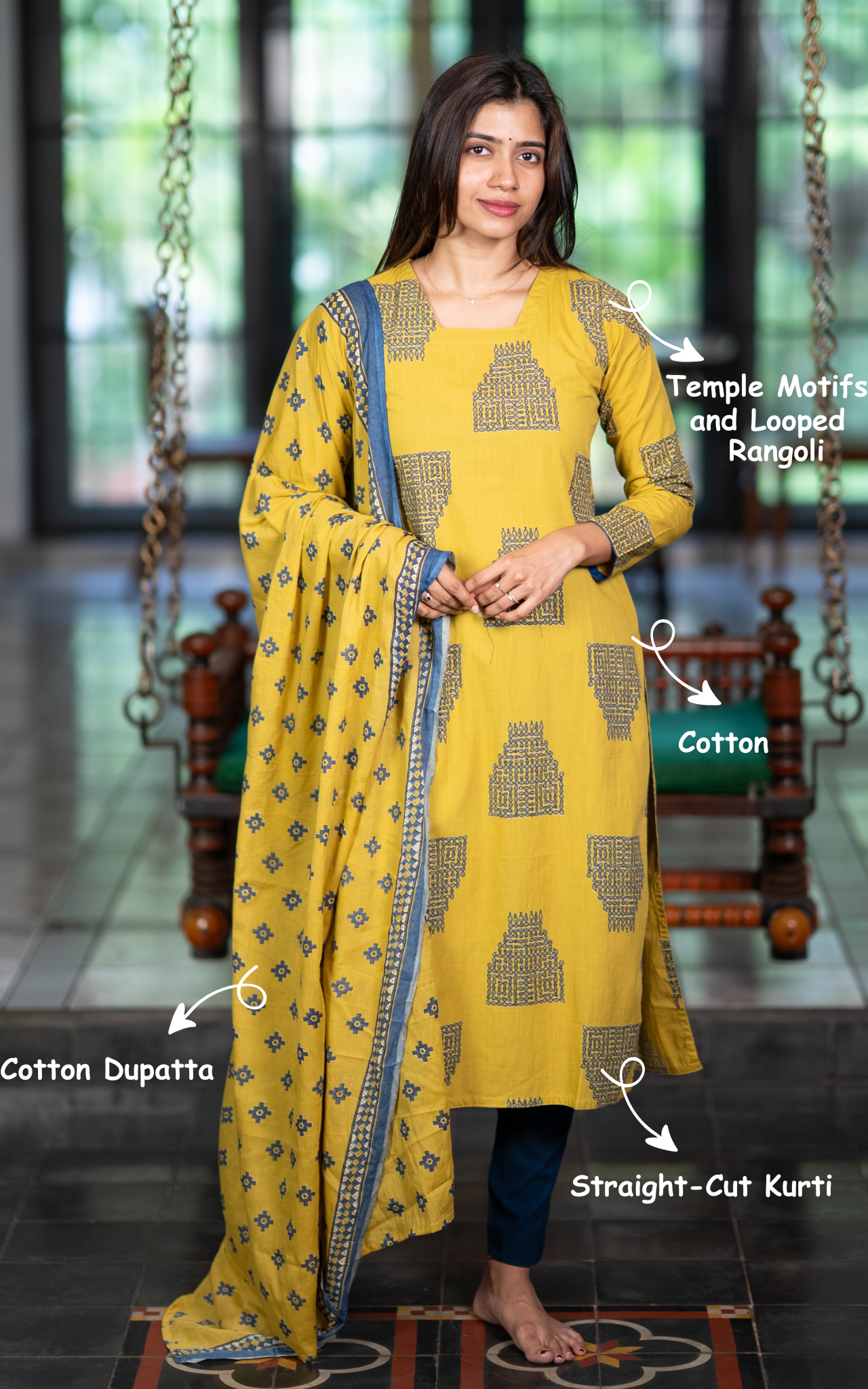 Yellow Cotton Elegant Straight Cut Kurti with Dupatta for Women